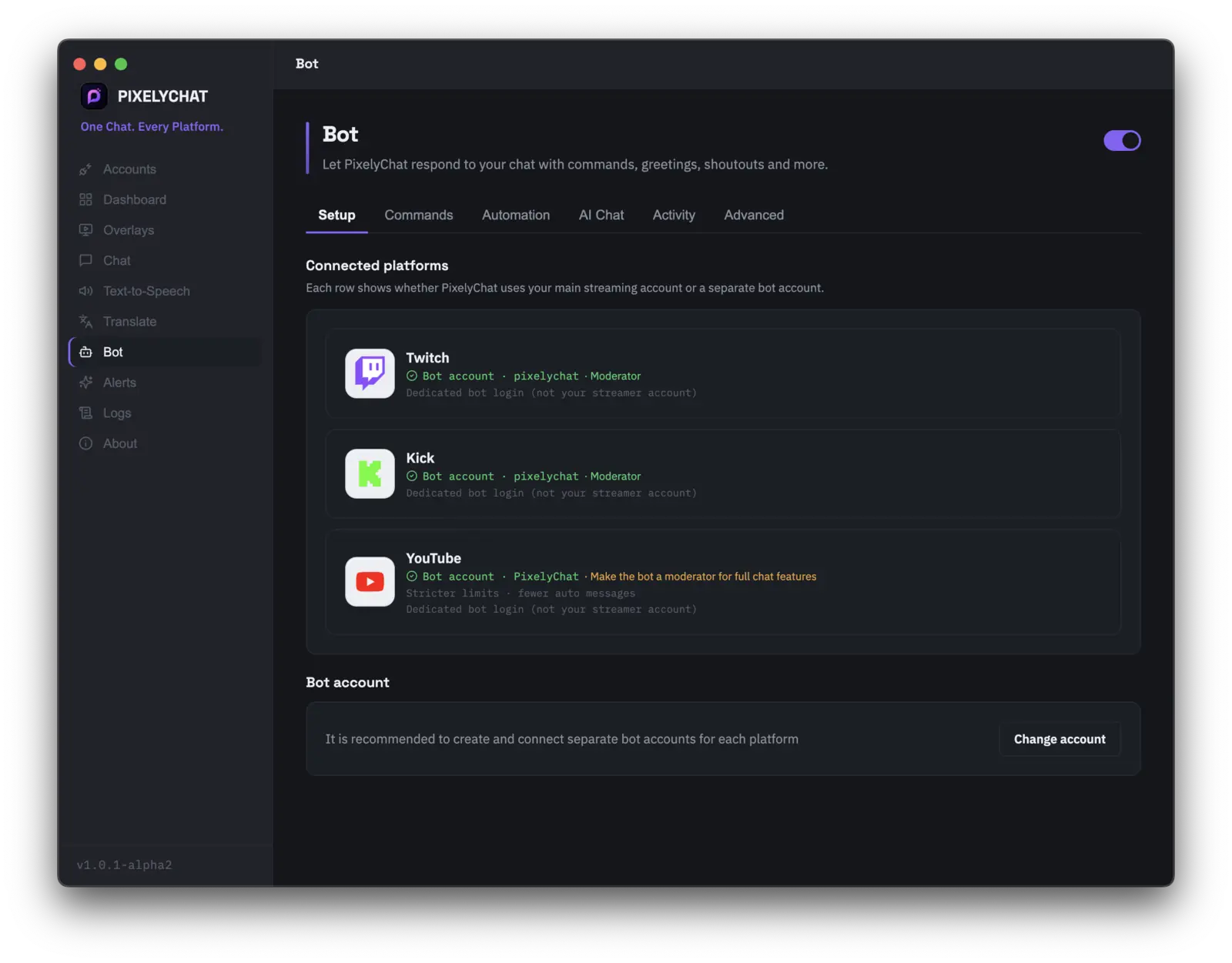 شاشة إعداد بوت PixelyChat تعرض حسابات البوت المتصلة حسب المنصة