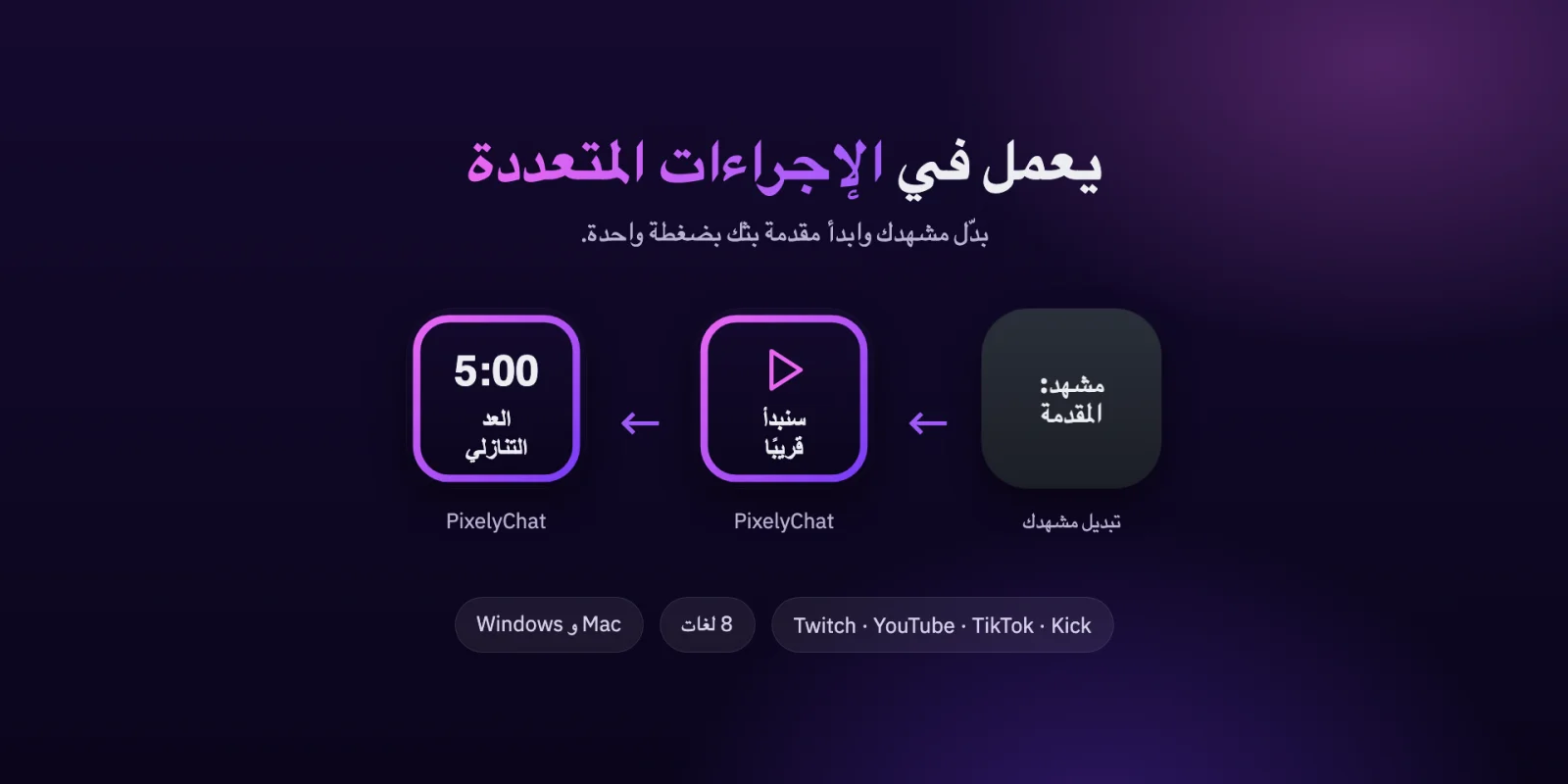 إجراء متعدد في Stream Deck يبدّل المشهد ويشغّل سنبدأ قريبًا وعدًا تنازليًا