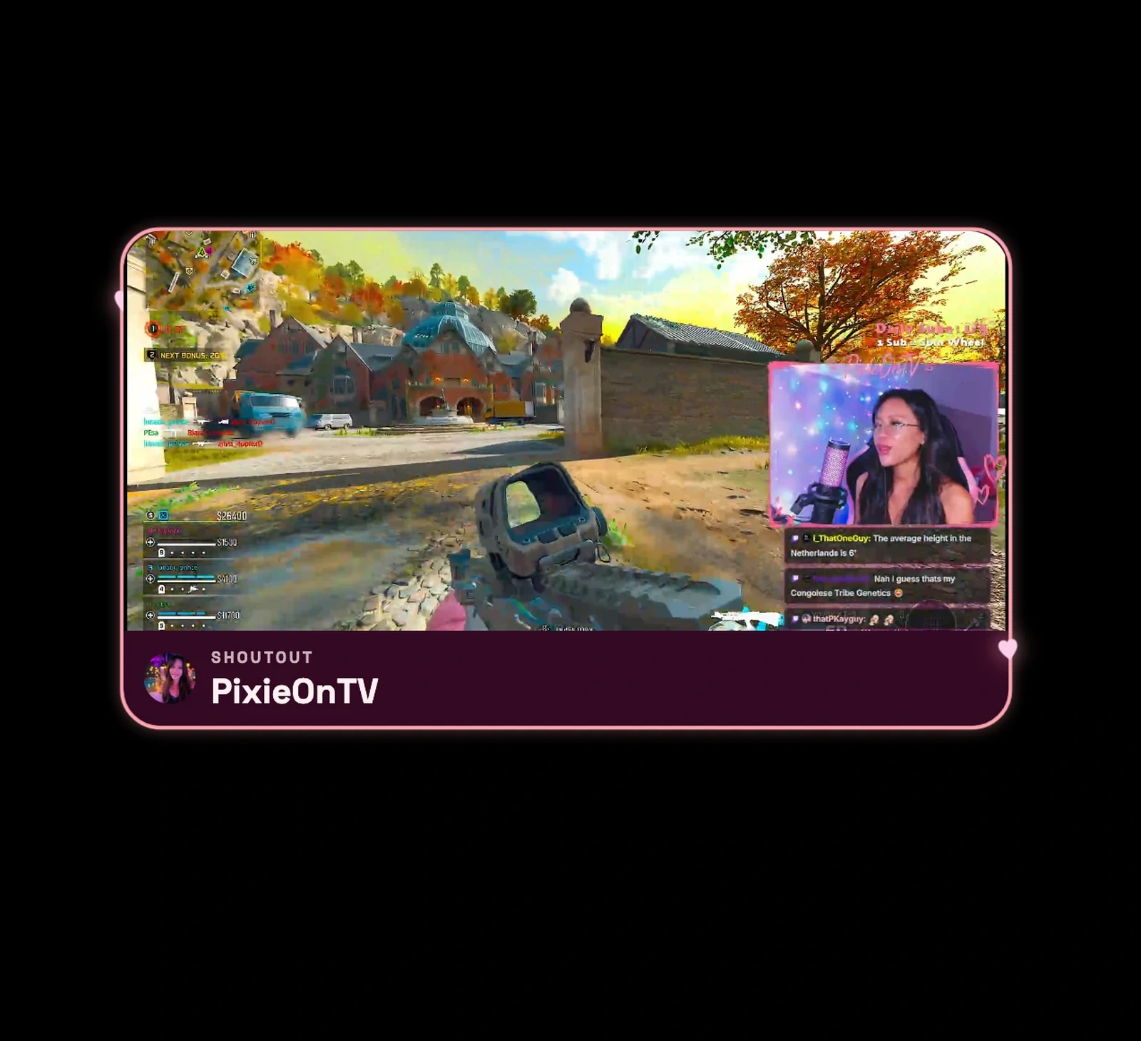 A Visual Shoutout card with a clip playing on stream