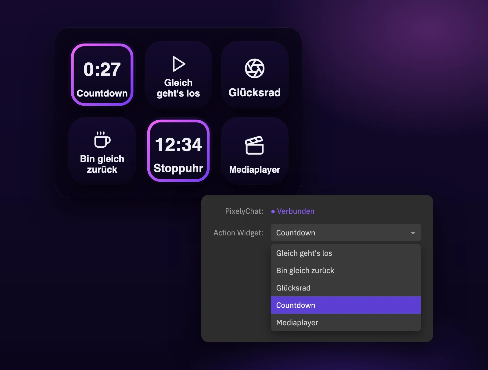 Stream-Deck-Tasten für PixelyChat-Aktions-Widgets mit laufendem Countdown und laufender Stoppuhr