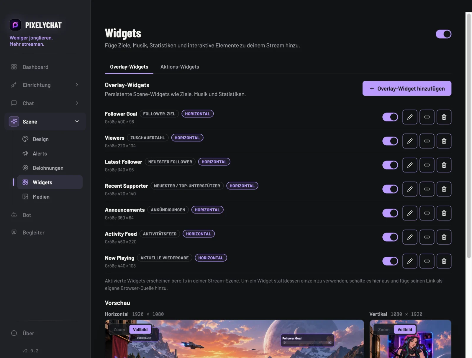 Die Widgets-Seite in PixelyChat mit der Stream-Vorschau