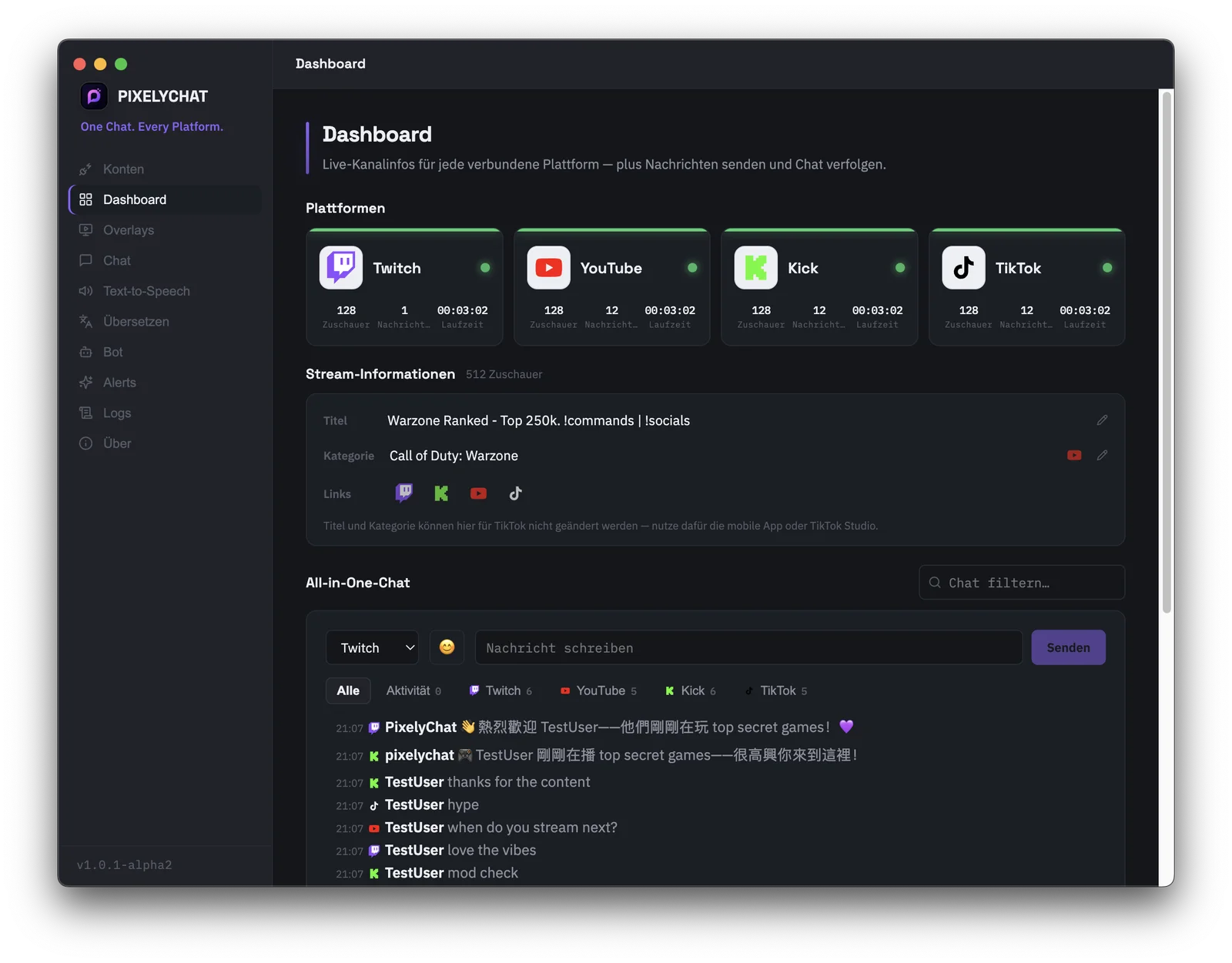 PixelyChat-Dashboard mit vereintem Twitch-, YouTube-, Kick- und TikTok-Chat in einem Feed