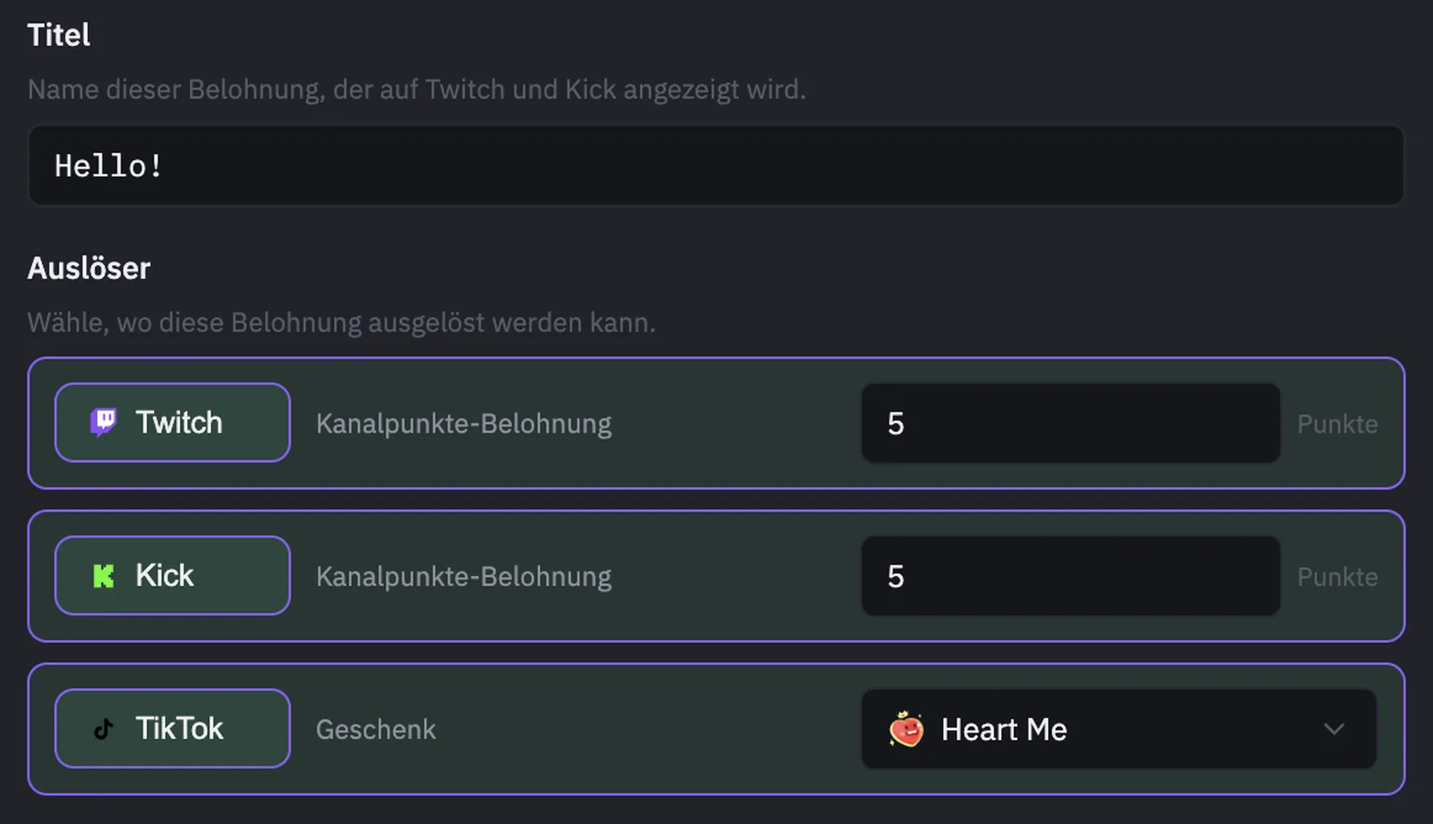 PixelyChat-Reward-Trigger-Einrichtung mit einem verknüpften TikTok-Geschenk neben Twitch- und Kick-Channel-Point-Kosten