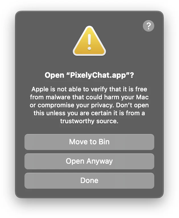 macOS-Bestätigung zum Öffnen von PixelyChat