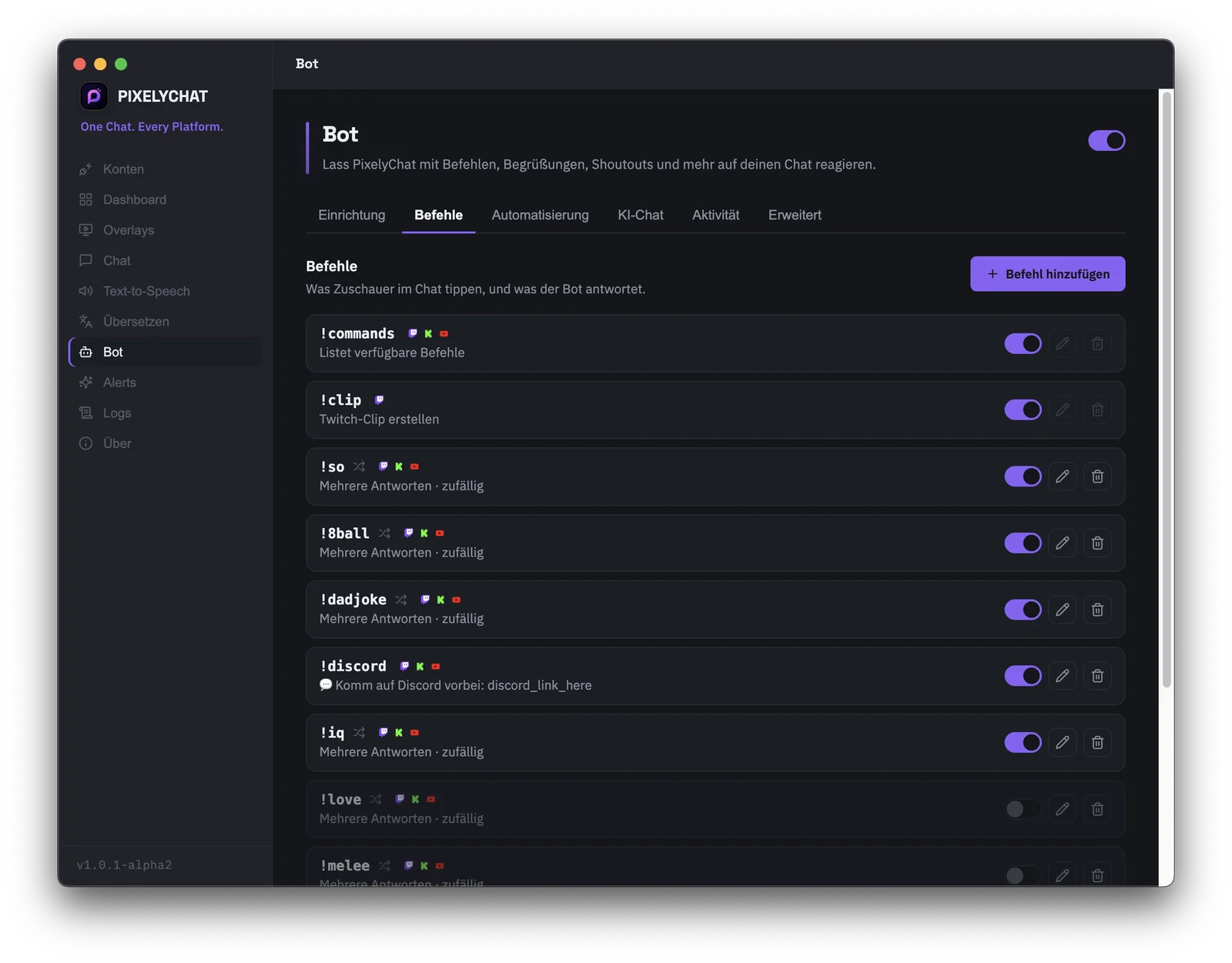 PixelyChat-Bot-Befehle-Bildschirm