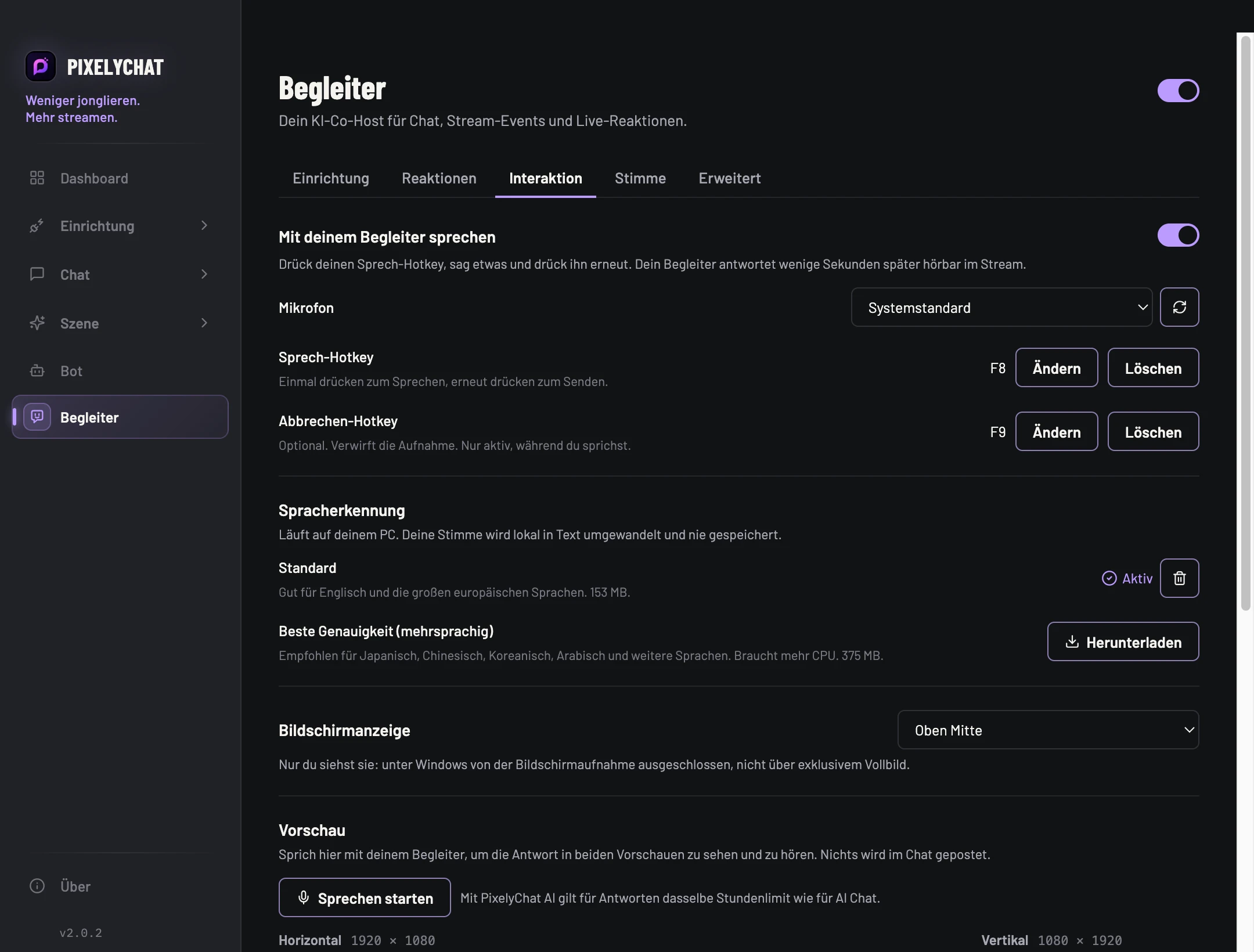 Begleiter-Interaktionseinstellungen in PixelyChat