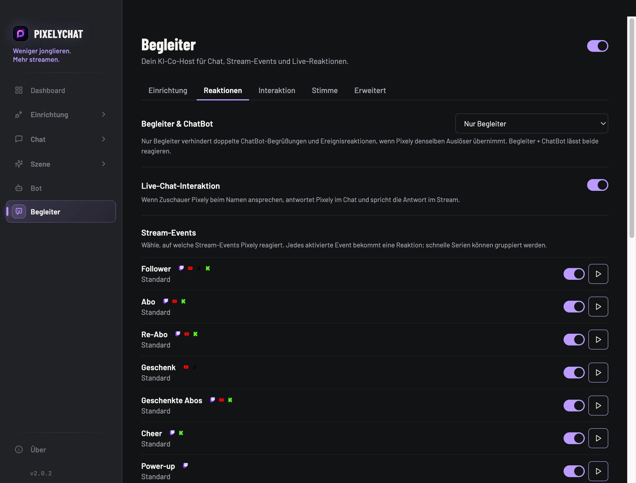 Begleiter-Reaktionen in PixelyChat