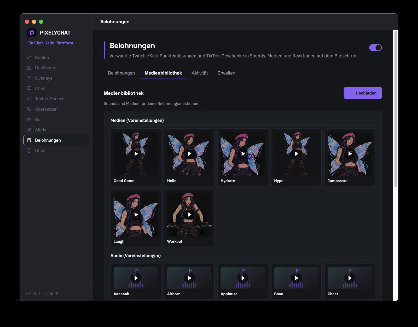 PixelyChat-Belohnungen-Tab „Medienbibliothek“ zum Hochladen eigener Sounds und Visuals für Belohnungsreaktionen