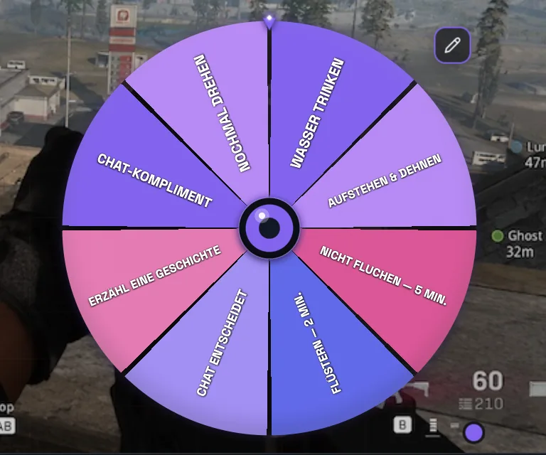 PixelyChat Spin Wheel mit farbigem interaktivem Rad für Stream-Challenges