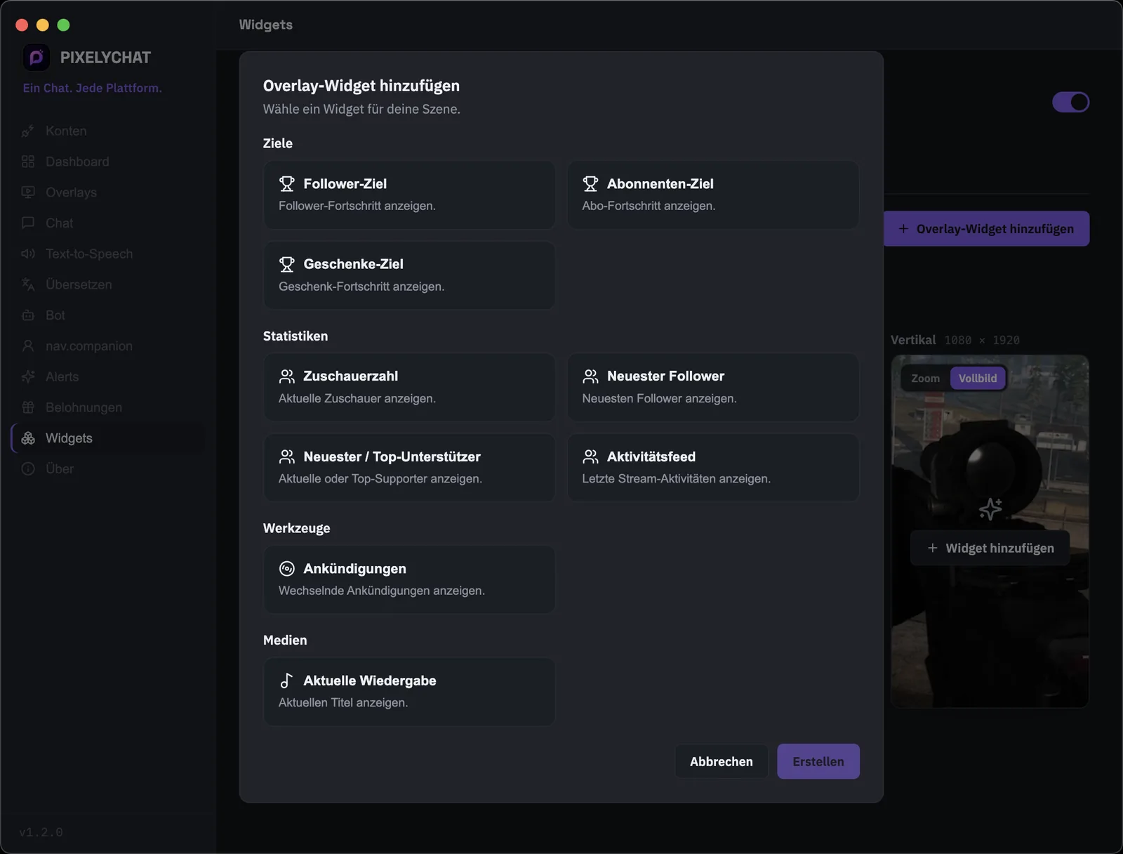 PixelyChat-Widgets mit Follower-, Abonnenten- und Geschenkzielen, Live-Statistiken, Aktivitätsfeed, Ankündigungen und Now Playing