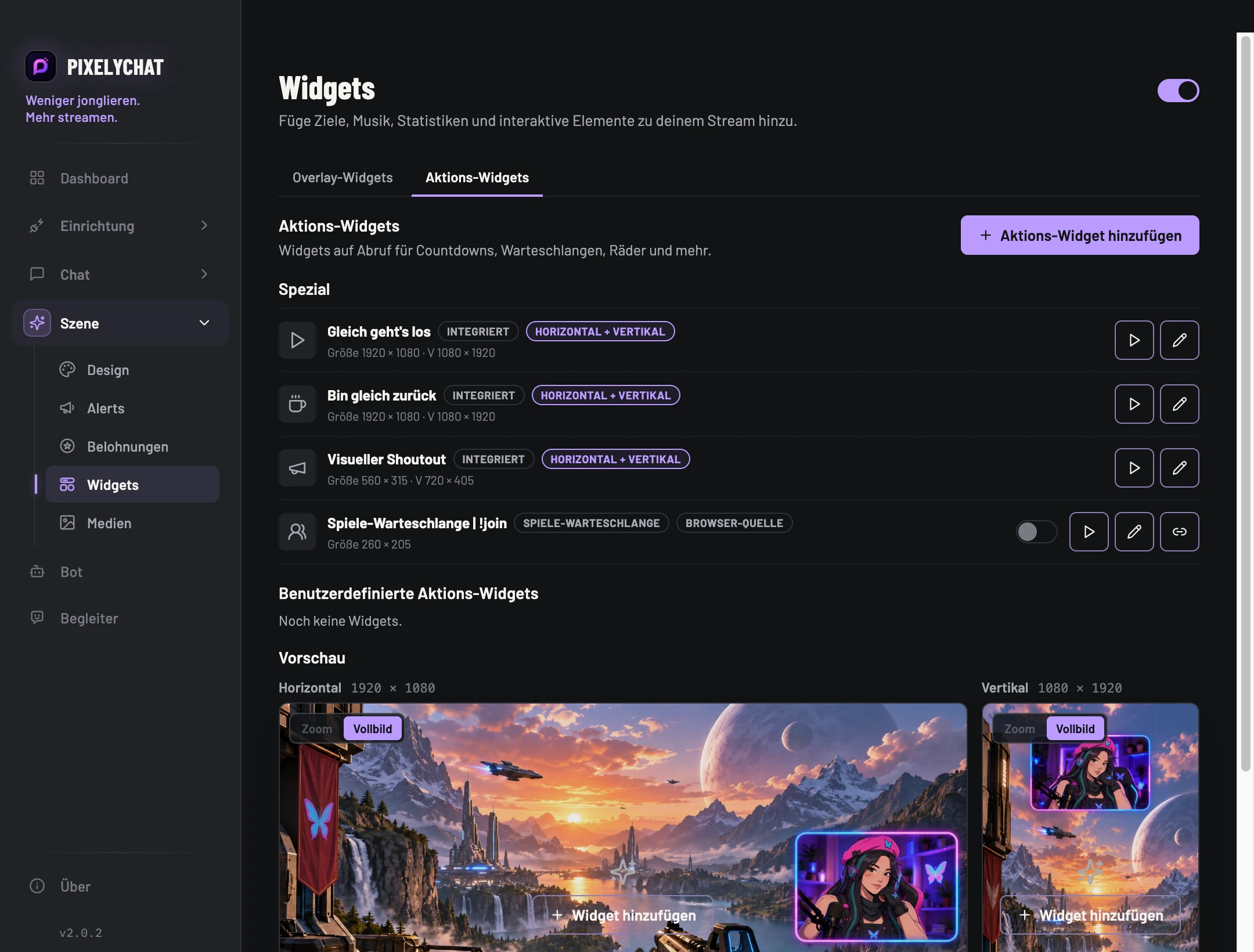 Aktions-Widgets in PixelyChat