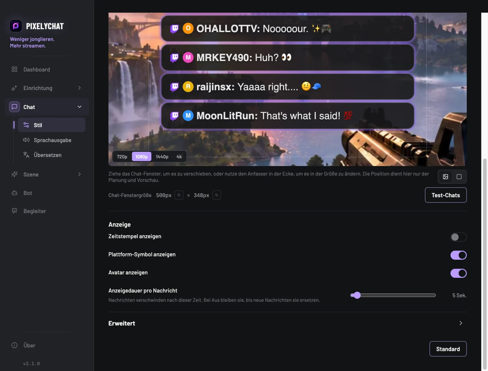 Chat-Einstellungen mit der neuen Option Anzeigedauer pro Nachricht