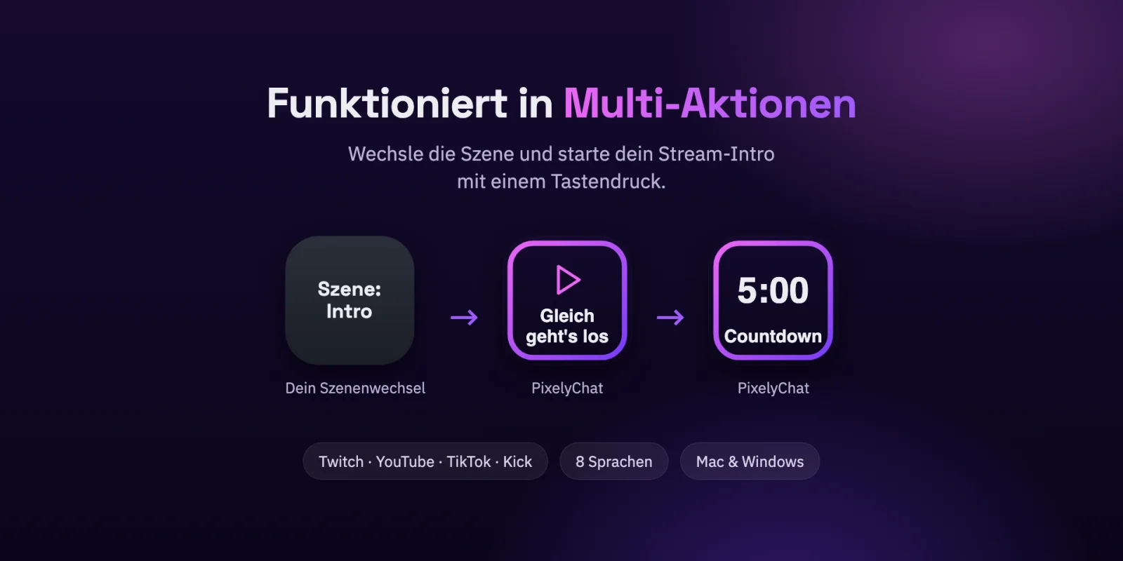 Eine Stream-Deck-Multi-Aktion, die die Szene wechselt und Gleich geht's los und einen Countdown startet