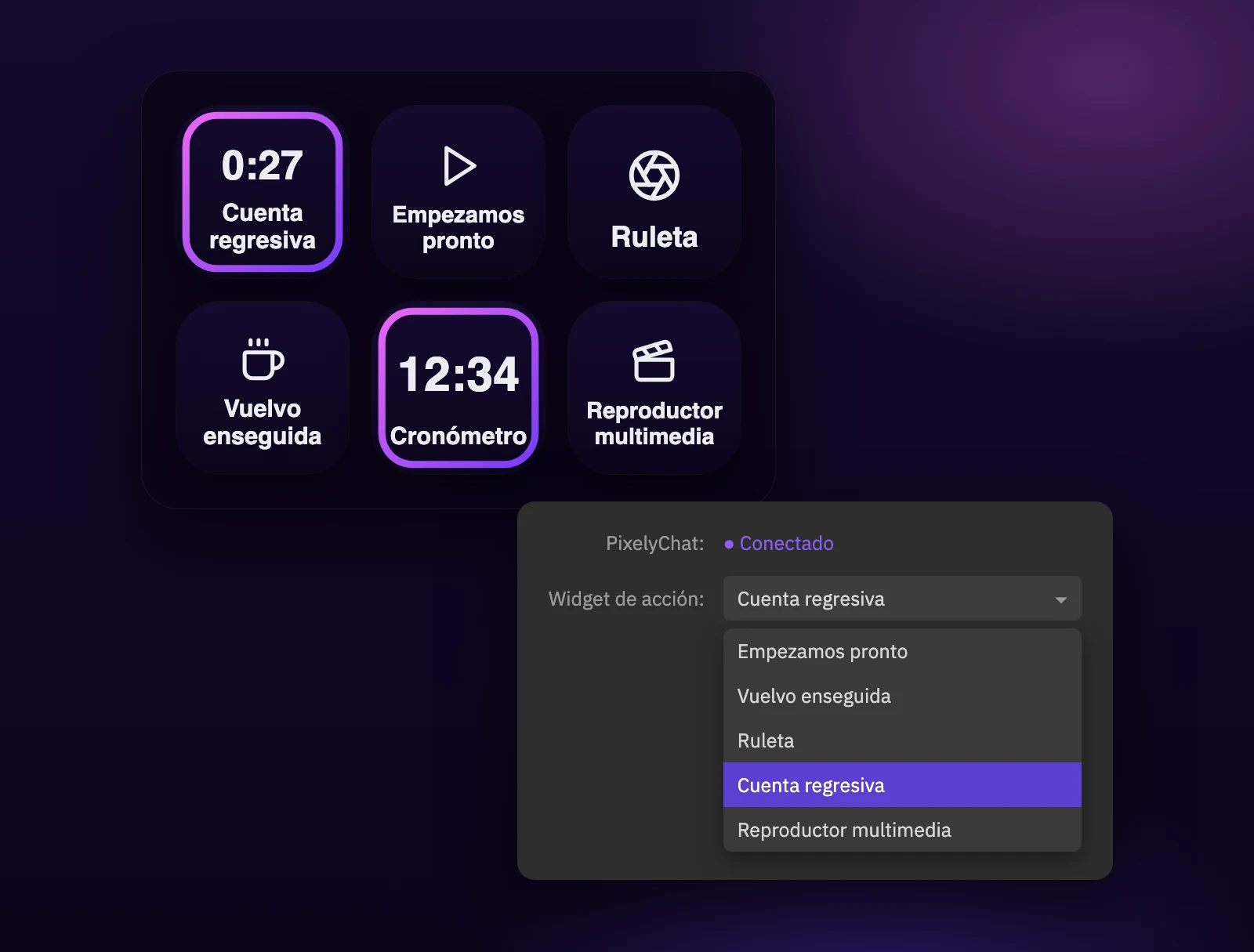 Teclas de Stream Deck para widgets de acción de PixelyChat con una cuenta regresiva y un cronómetro en marcha