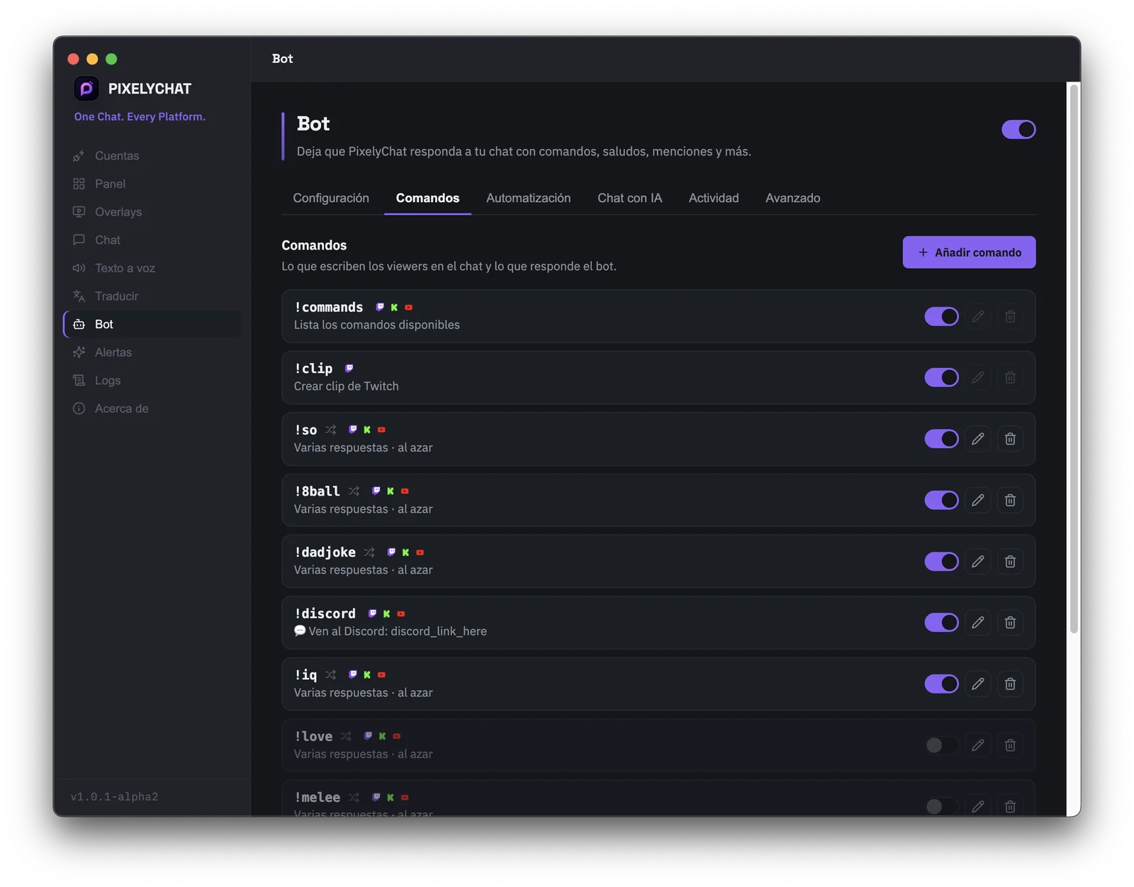 Editor de comandos personalizados del chatbot de PixelyChat para Twitch, Kick y YouTube