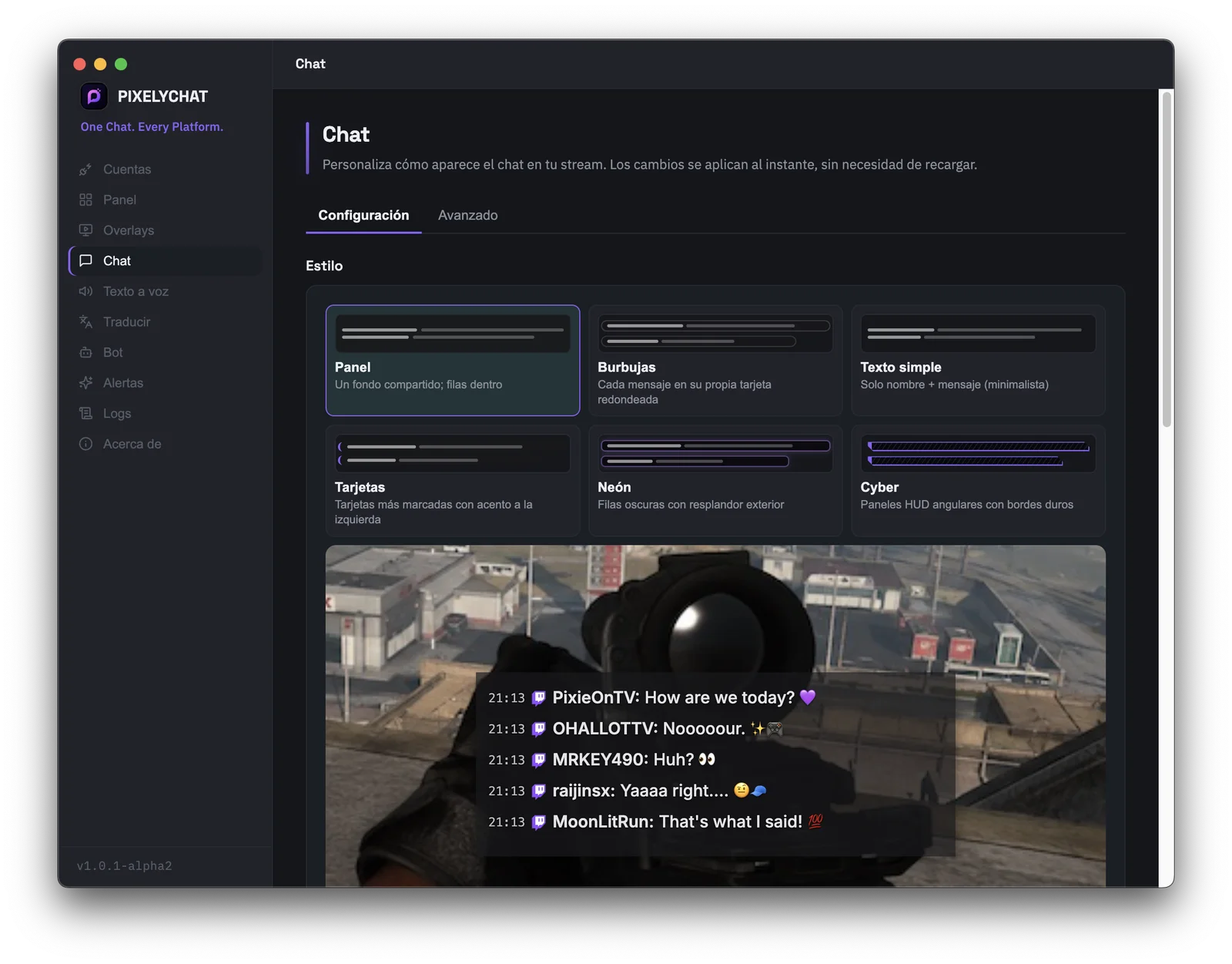 Configuración de personalización del overlay de chat de OBS en PixelyChat