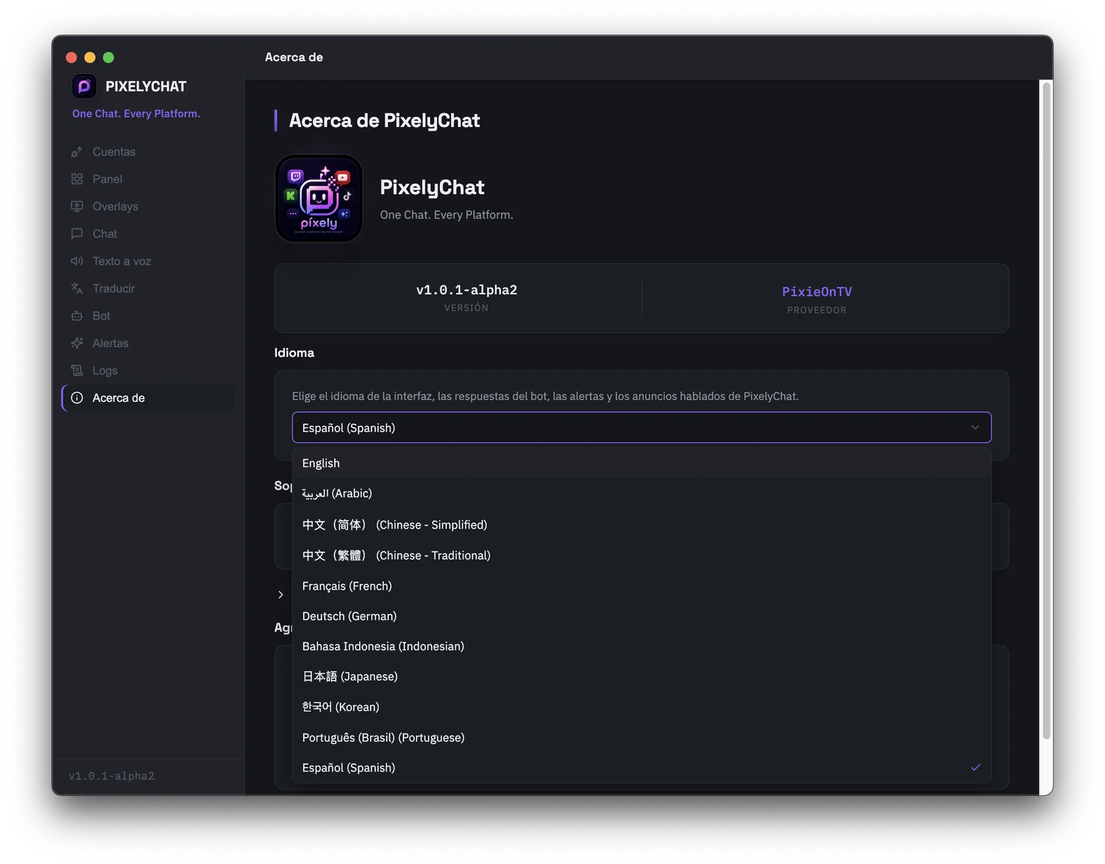 Página Acerca de de PixelyChat con el menú desplegable de idioma de la interfaz abierto, mostrando los 11 idiomas compatibles