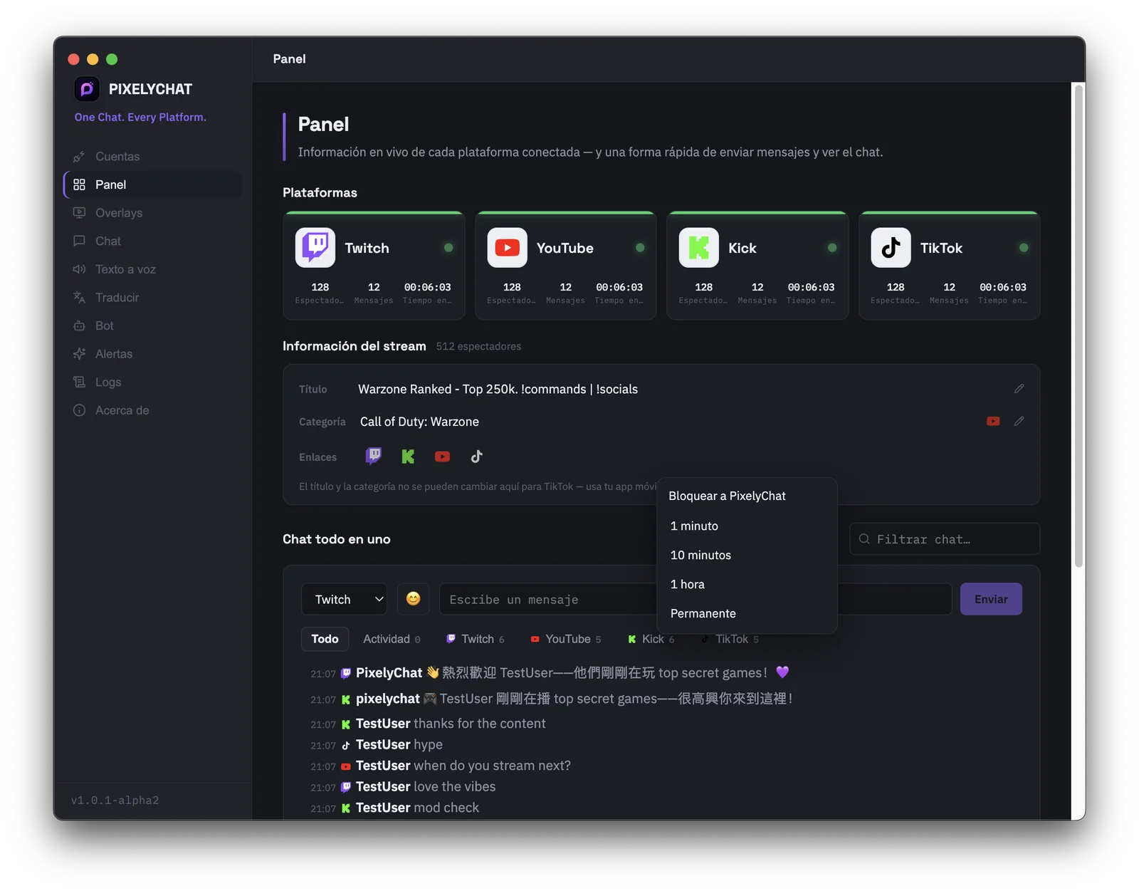 Panel de PixelyChat con herramientas de administración rápida para eliminar mensajes, bloquear usuarios y editar título y categoría del stream