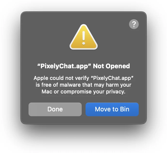 Advertencia de macOS bloqueando PixelyChat