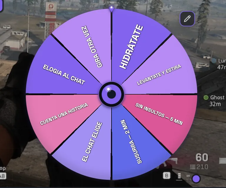 Widget de acción Spin Wheel de PixelyChat con ruleta transparente para retos y activadores de viewers