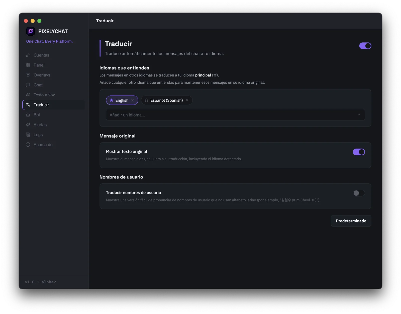 Configuración de traducción de chat en vivo en PixelyChat