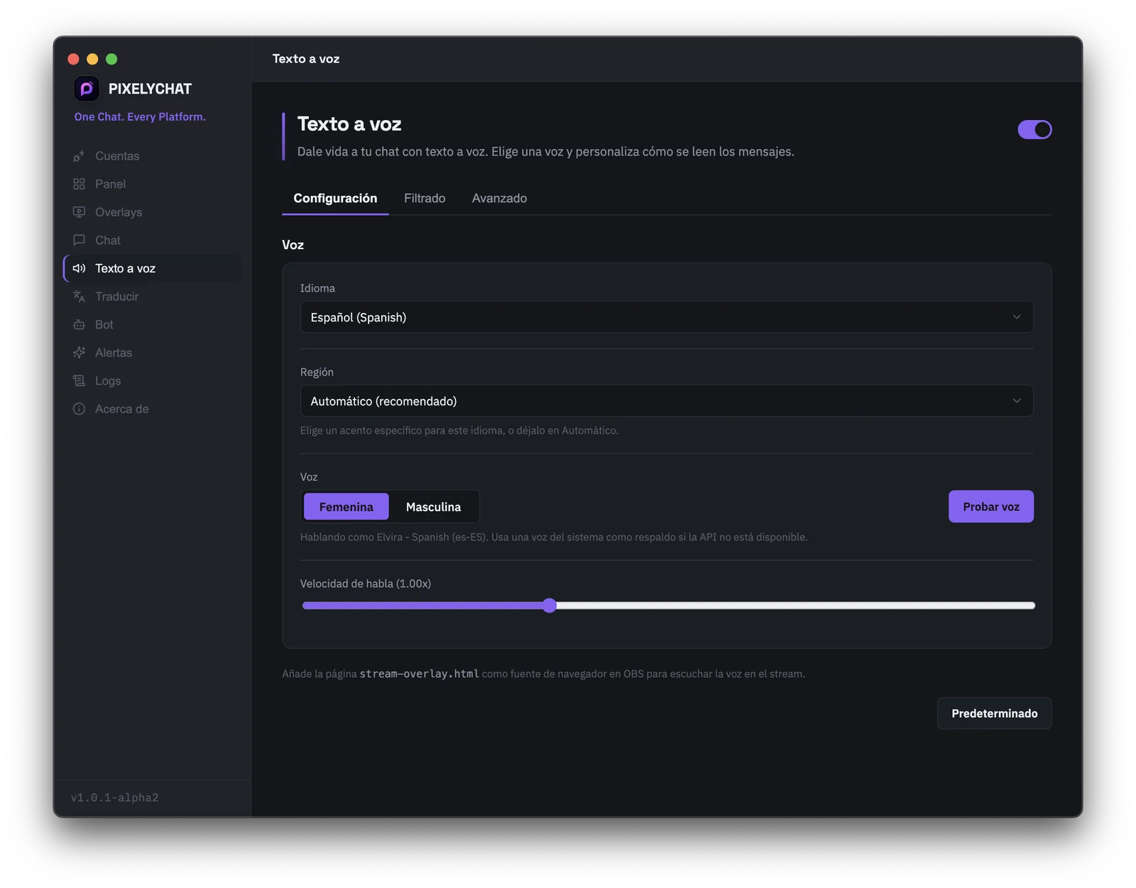 Configuración de texto a voz (TTS) para leer en voz alta el chat del stream en PixelyChat