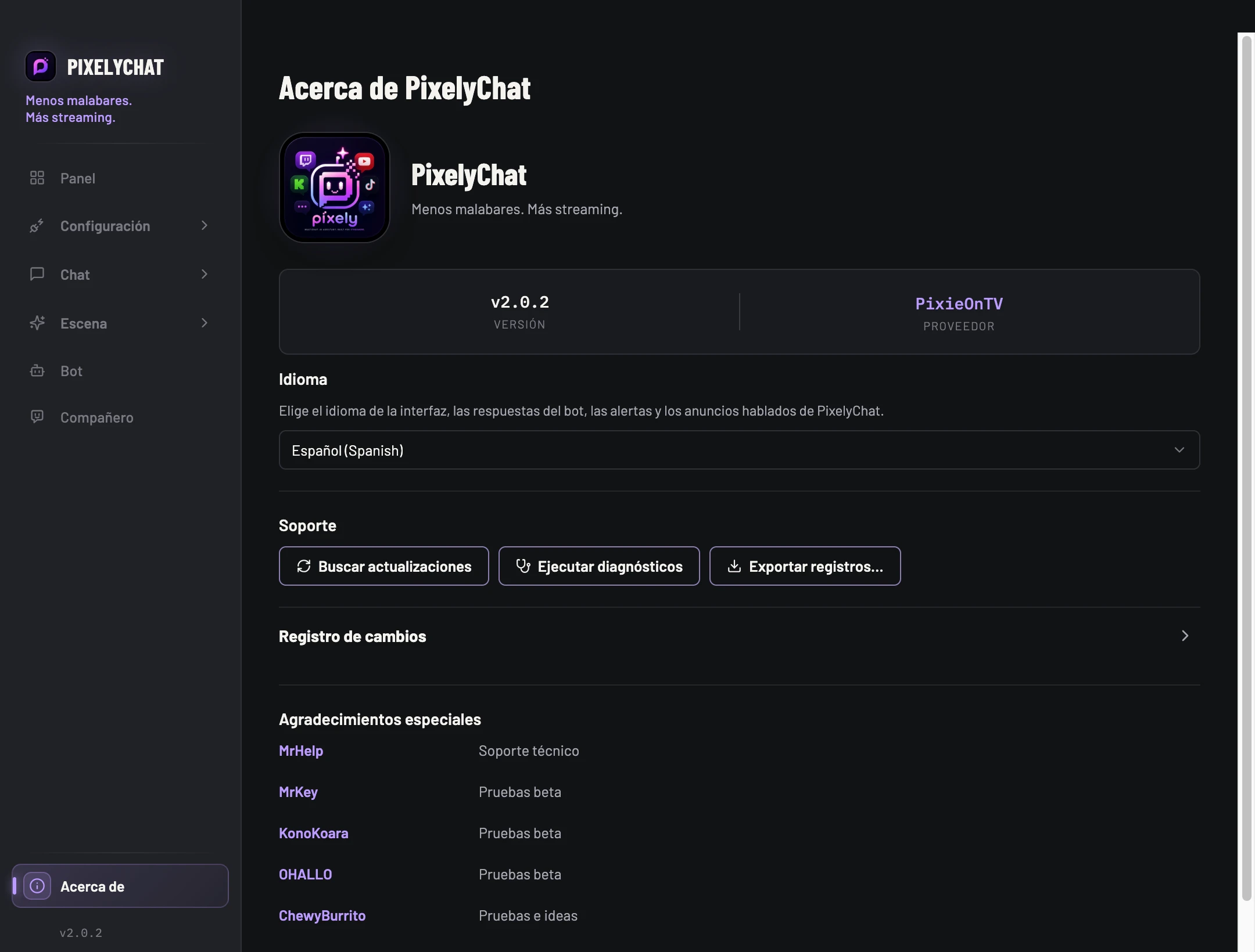 Página Acerca de de PixelyChat