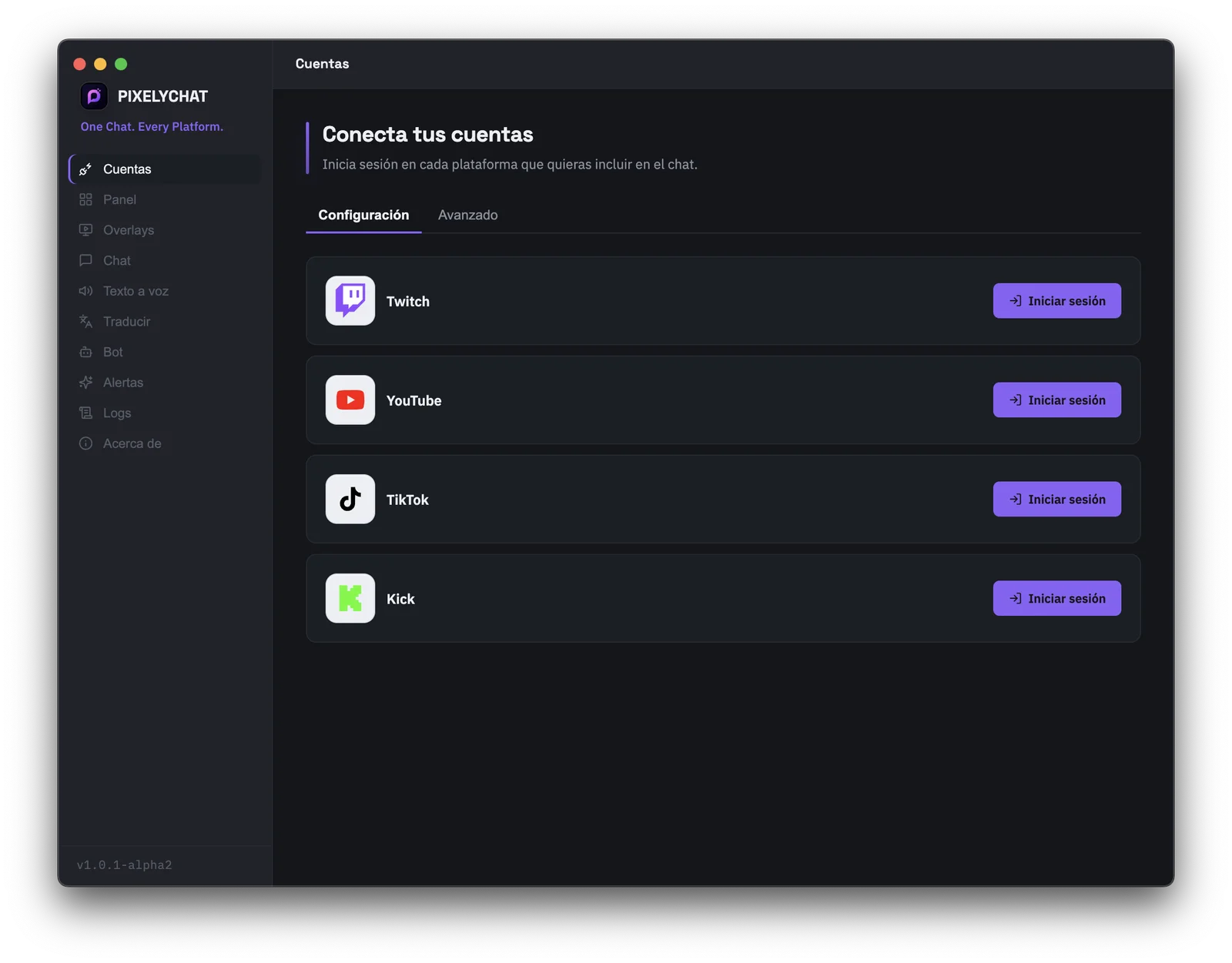 Página de Cuentas de PixelyChat