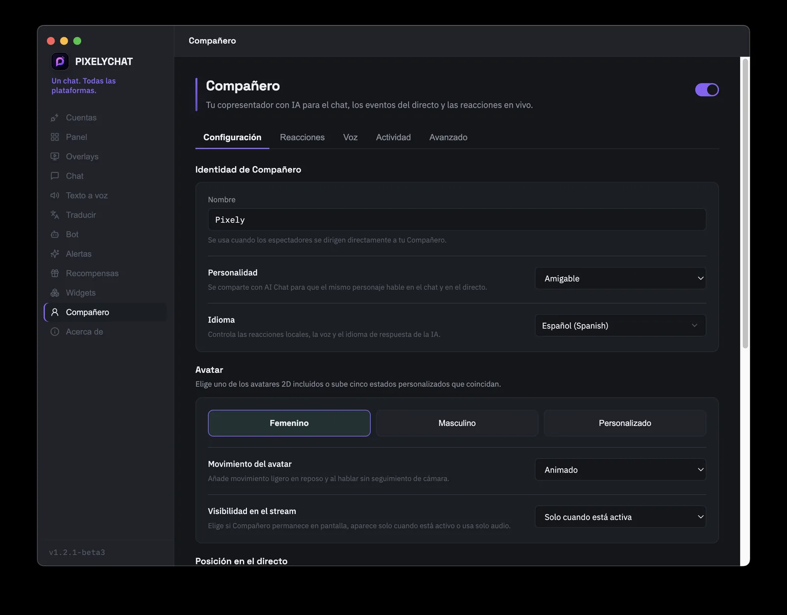 Página de configuración de PixelyChat Companion con identidad, personalidad, idioma, avatar y visibilidad en stream