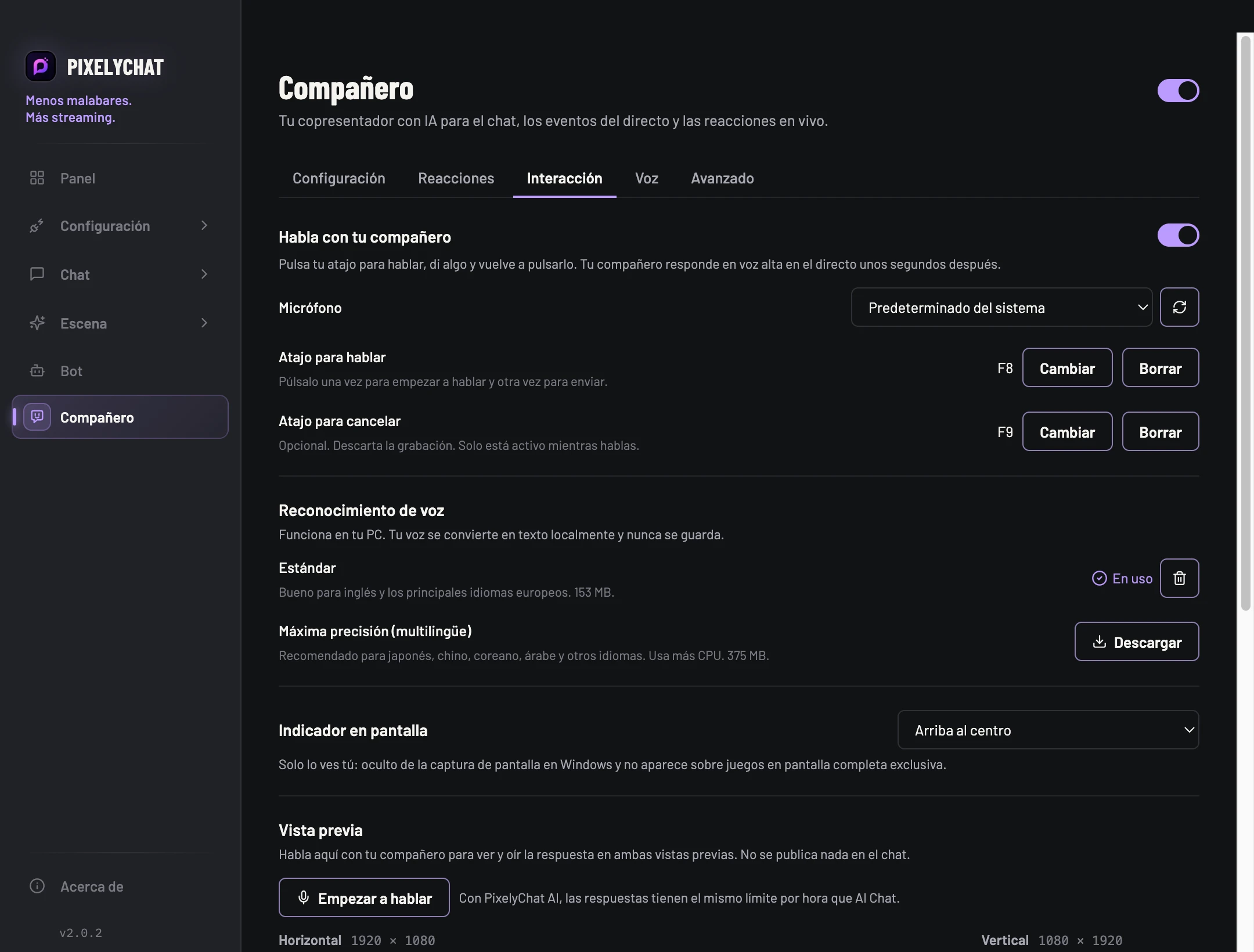 Ajustes de Interacción del Compañero en PixelyChat