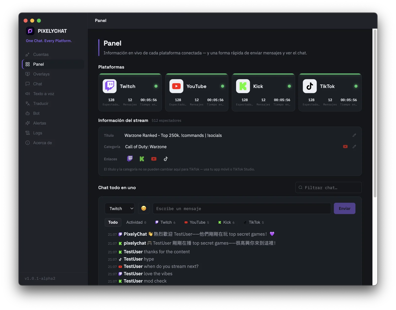 Panel de PixelyChat con tarjetas de plataforma, información del stream y el compositor de chat todo en uno