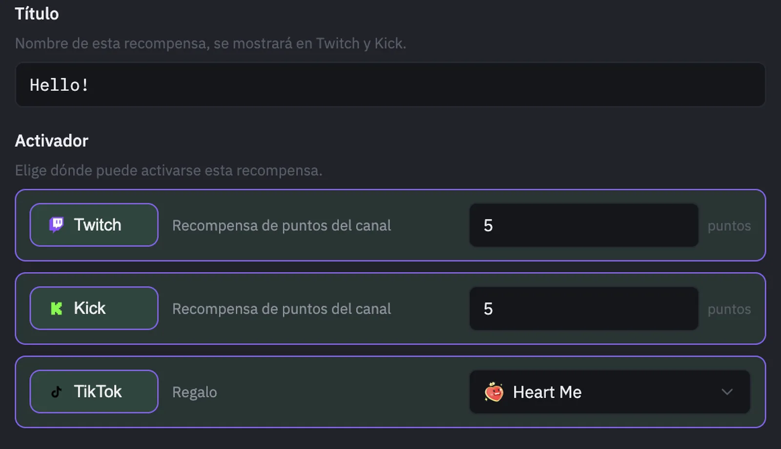 Configuración de disparadores de PixelyChat vinculando un regalo de TikTok junto a los costos de Channel Points de Twitch y Kick