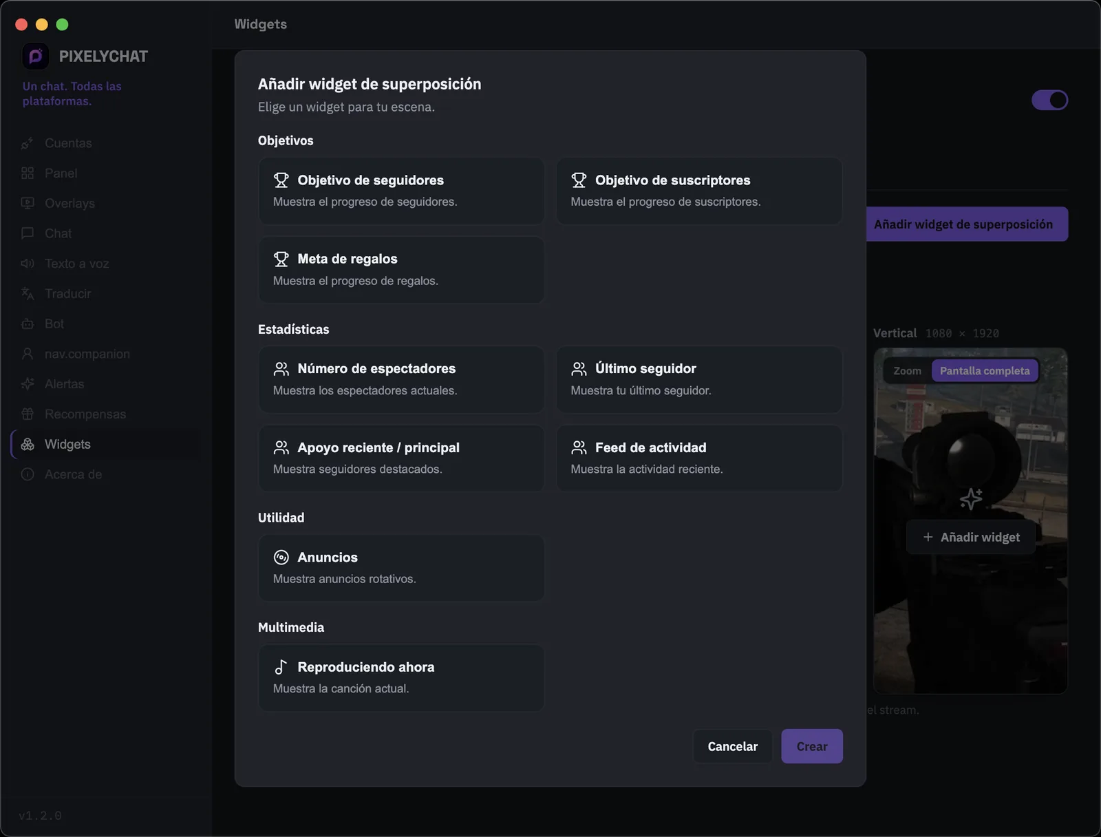 Página de Widgets de PixelyChat con objetivos, estadísticas, actividad, anuncios y Now Playing