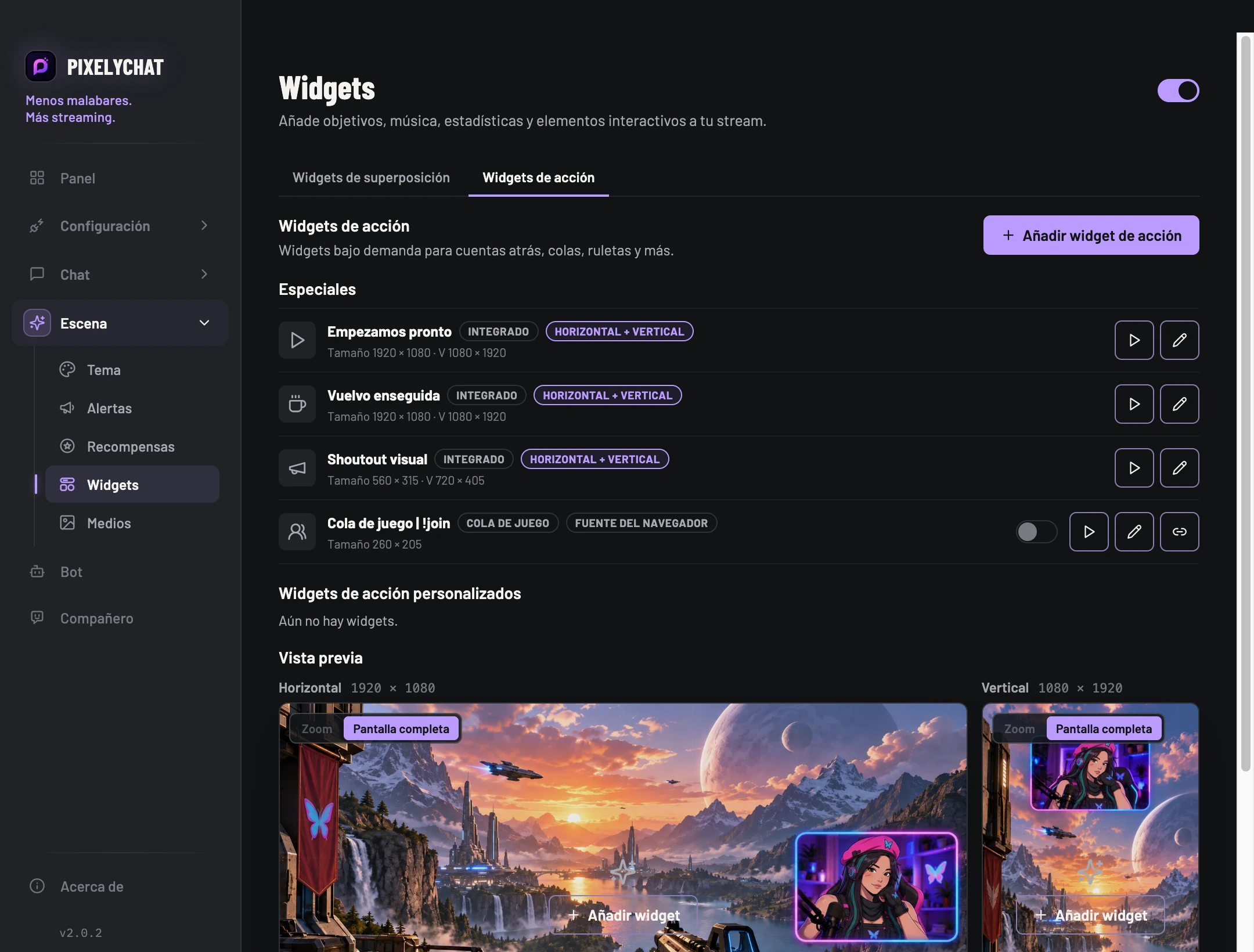 Widgets de acción en PixelyChat