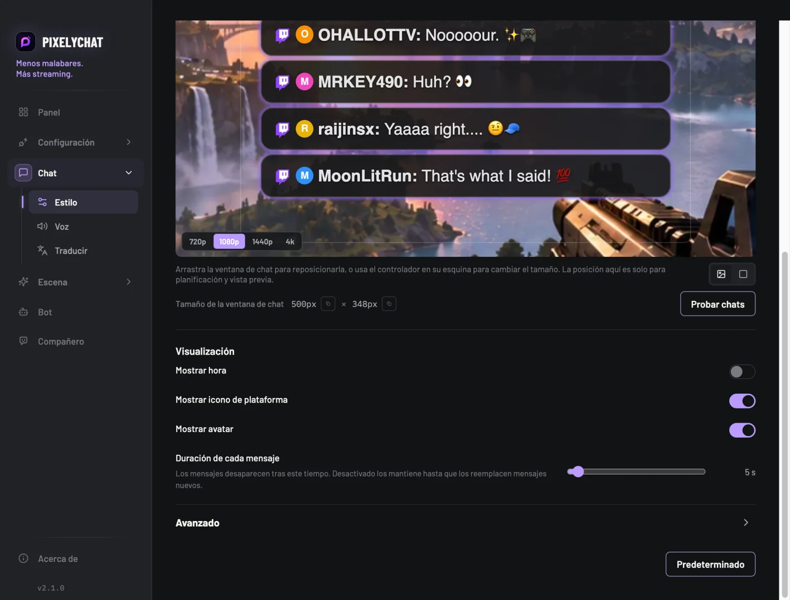 Ajustes del chat con la nueva opción Duración de cada mensaje