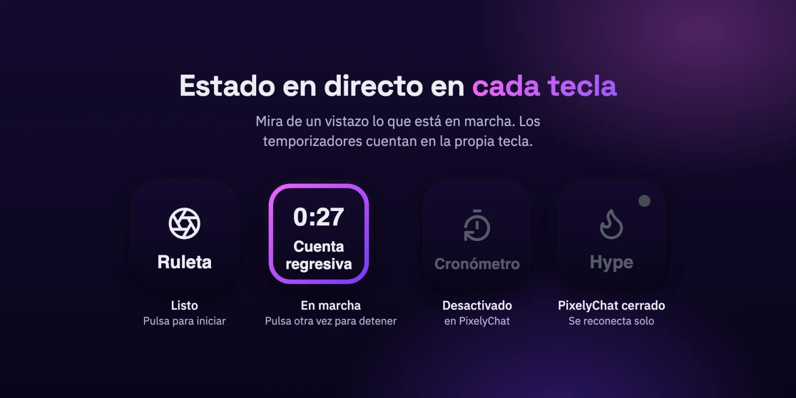 Teclas de Stream Deck con los estados listo, en marcha, desactivado y reconectando