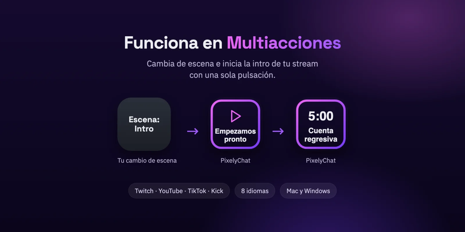 Una Multiacción de Stream Deck que cambia la escena e inicia Empezamos pronto y una cuenta regresiva