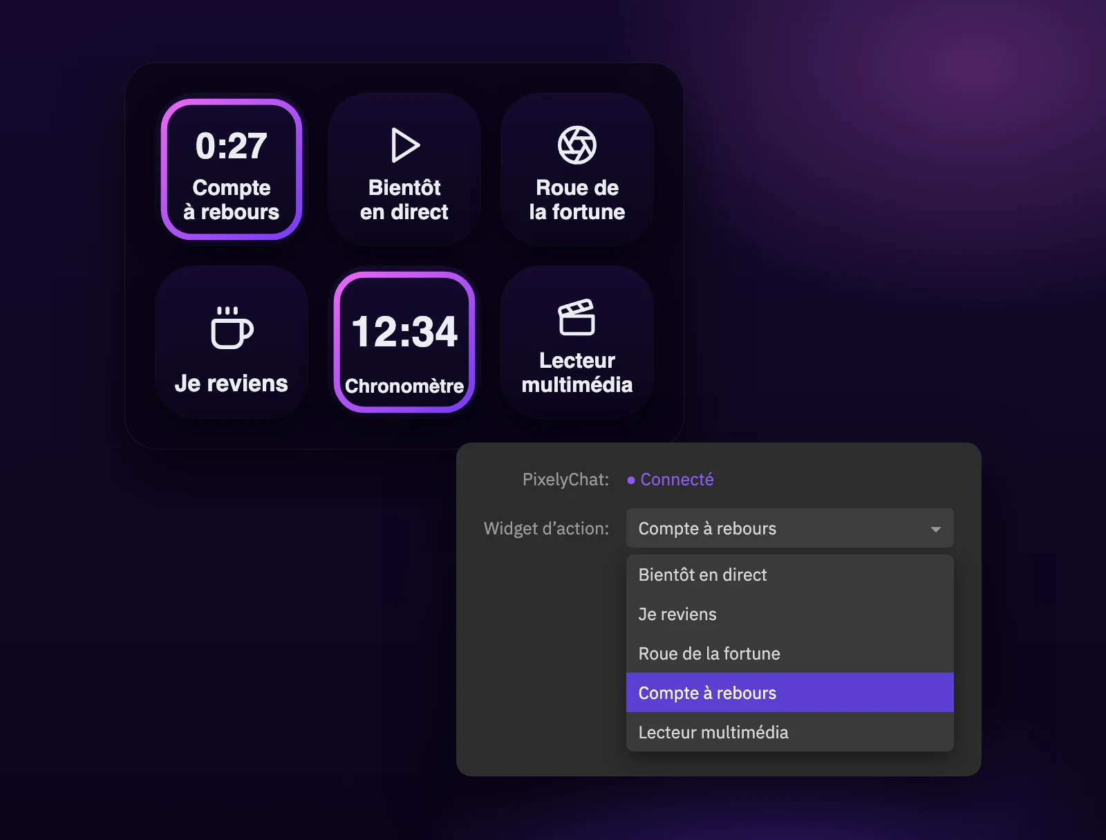 Touches Stream Deck pour les widgets d’action PixelyChat avec un compte à rebours et un chronomètre en cours