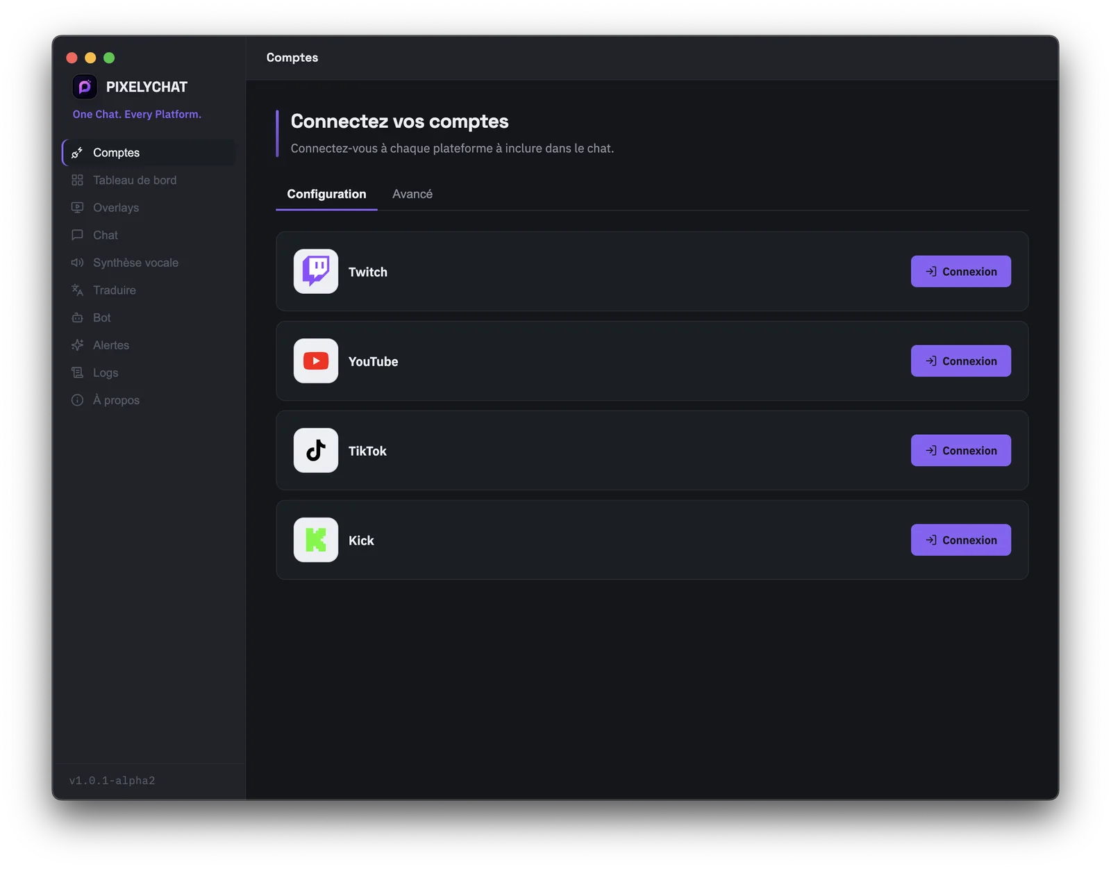 Connexion des comptes Twitch, YouTube, Kick et TikTok dans PixelyChat