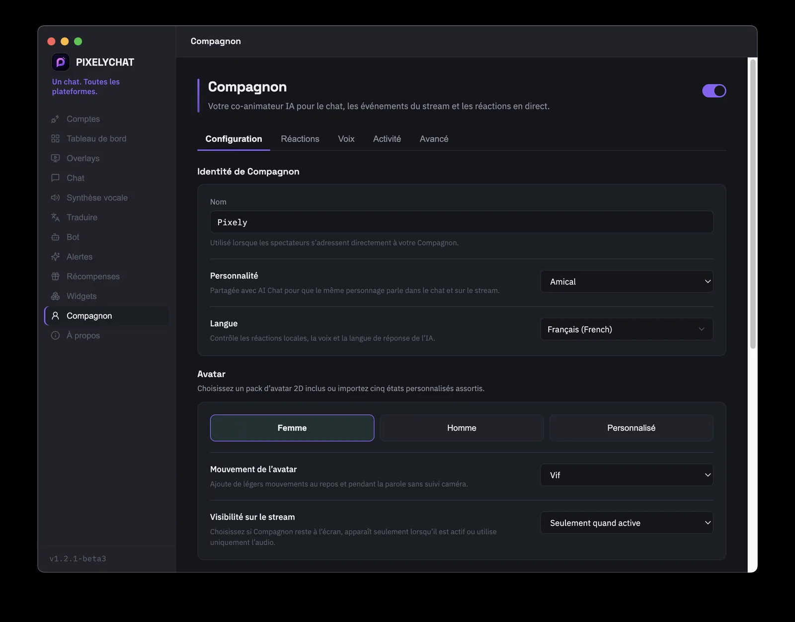 Configuration de PixelyChat Companion avec identité du coanimateur IA, personnalité, voix et avatar 2D