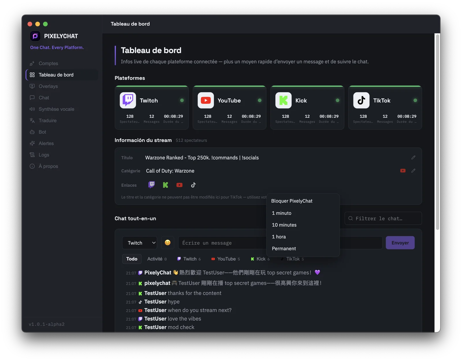 Tableau de bord PixelyChat avec outils d'administration rapide pour supprimer des messages, bloquer des utilisateurs et modifier le titre et la catégorie du stream
