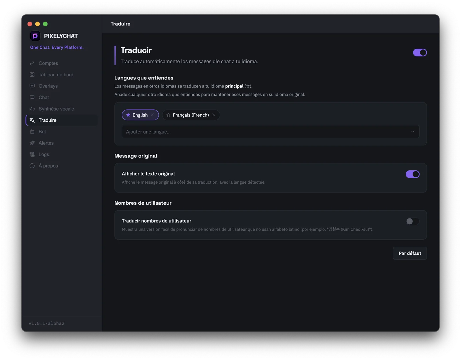 Paramètres de traduction du chat en direct dans PixelyChat