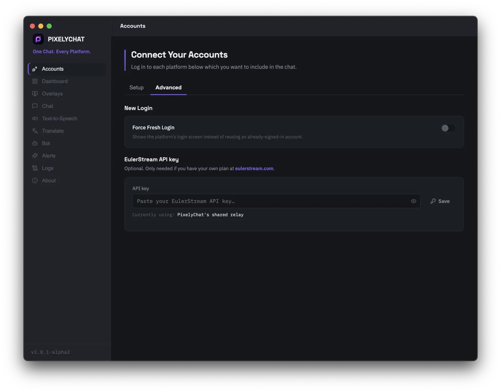 Onglet Comptes Avancé de PixelyChat montrant la connexion forcée et la clé API EulerStream