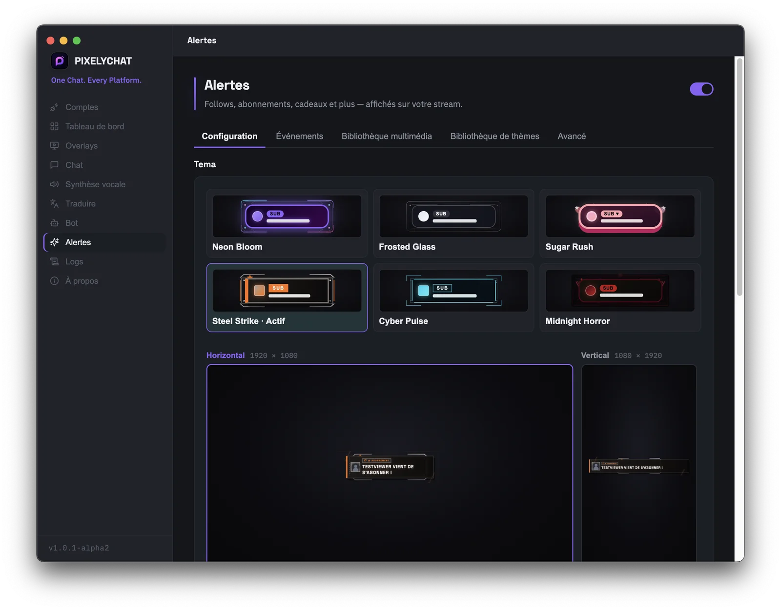 Paramètres des alertes PixelyChat