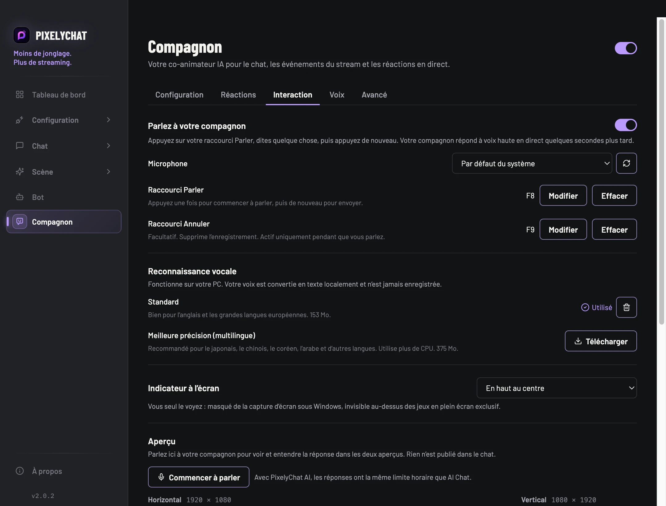 Paramètres Interaction du Compagnon dans PixelyChat