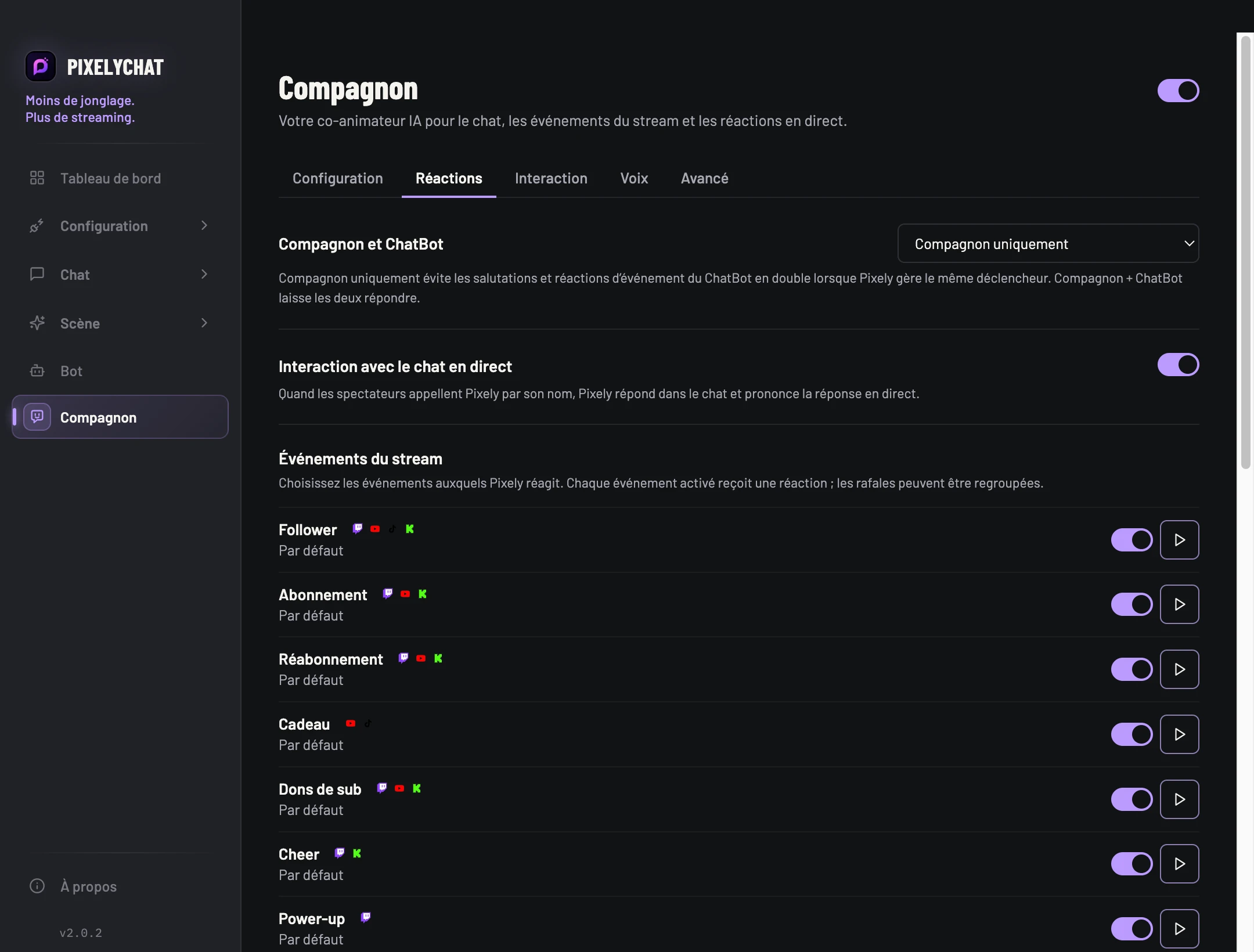 Réactions du Compagnon dans PixelyChat