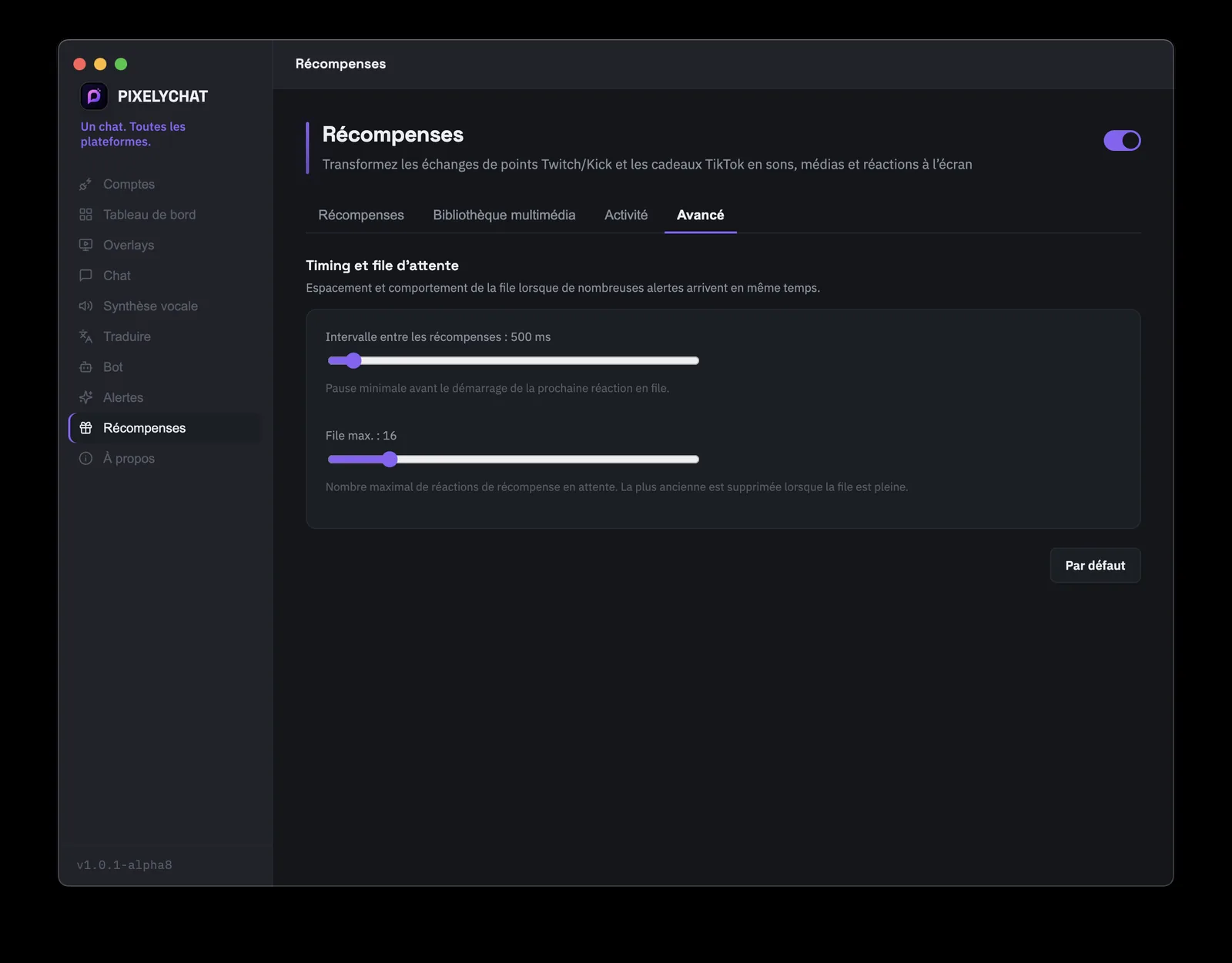 Onglet Avancé des Récompenses PixelyChat montrant l'espacement et la taille maximale de file pour les réactions de récompense