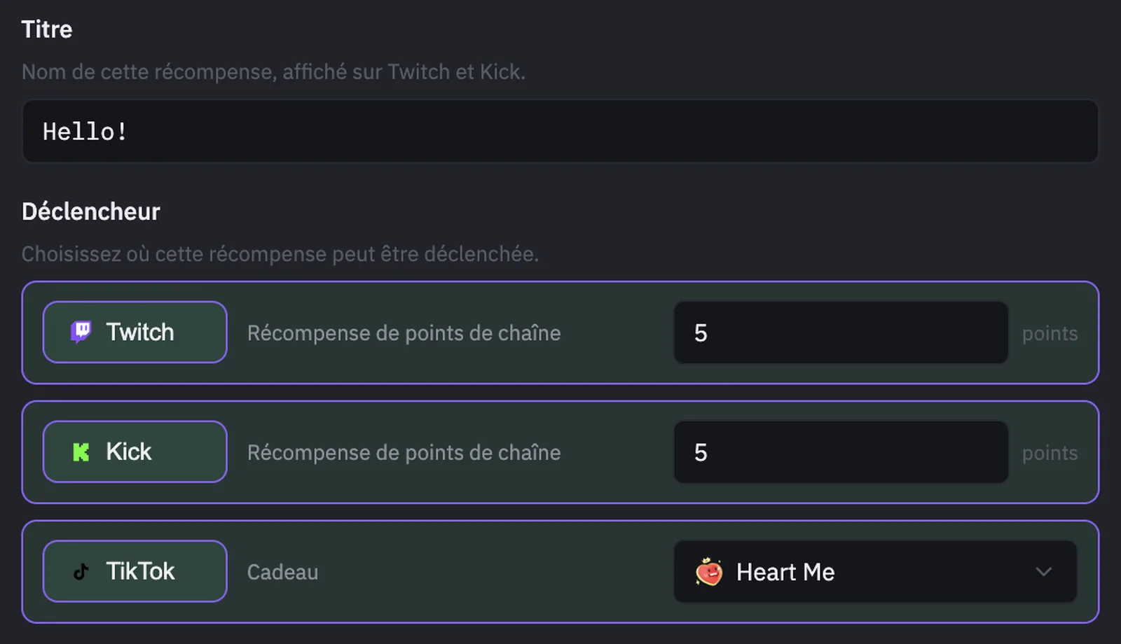 Configuration des déclencheurs PixelyChat associant un cadeau TikTok aux coûts en Channel Points Twitch et Kick