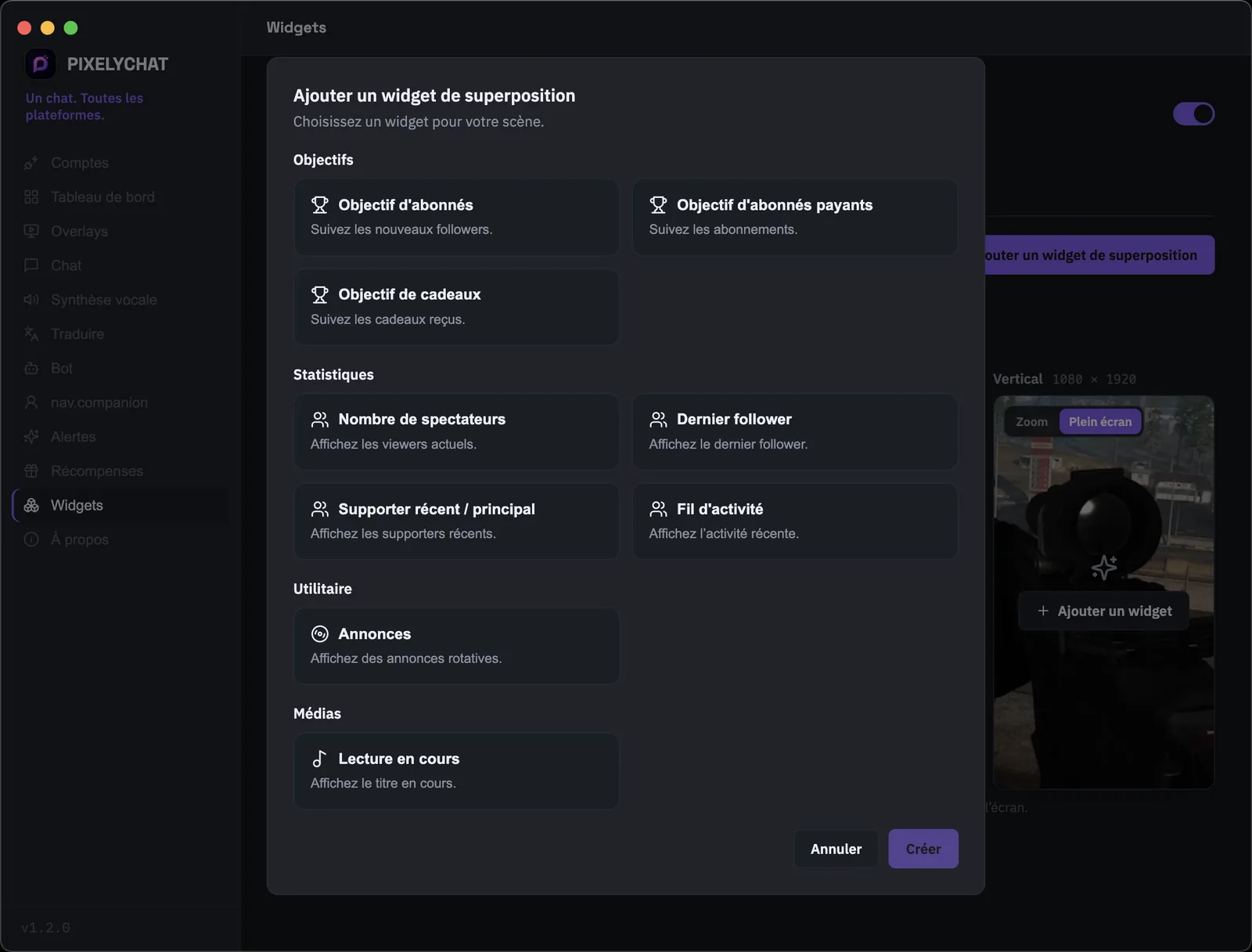 Page Widgets de PixelyChat avec objectifs, statistiques, activité, annonces et Now Playing