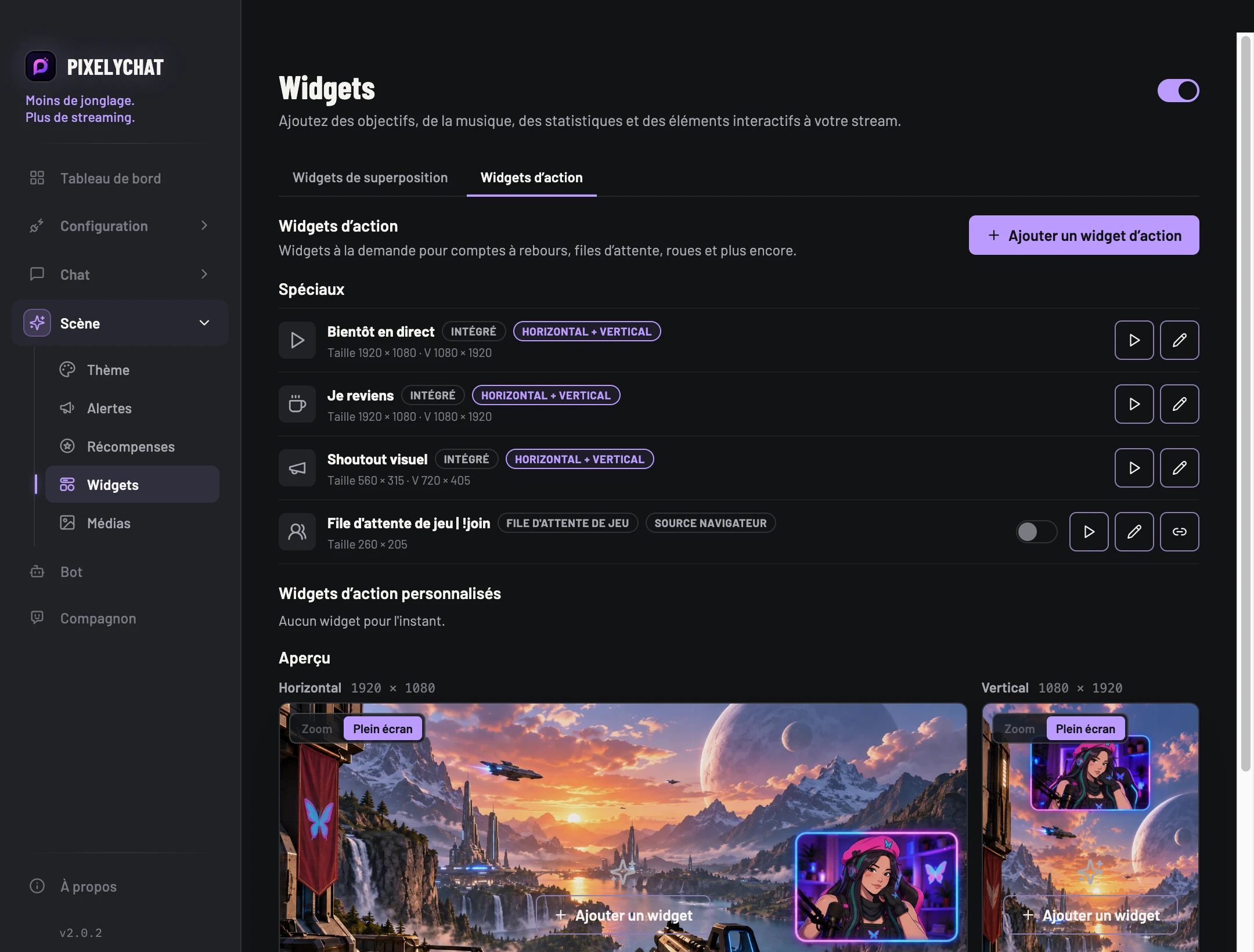 Widgets d’action dans PixelyChat